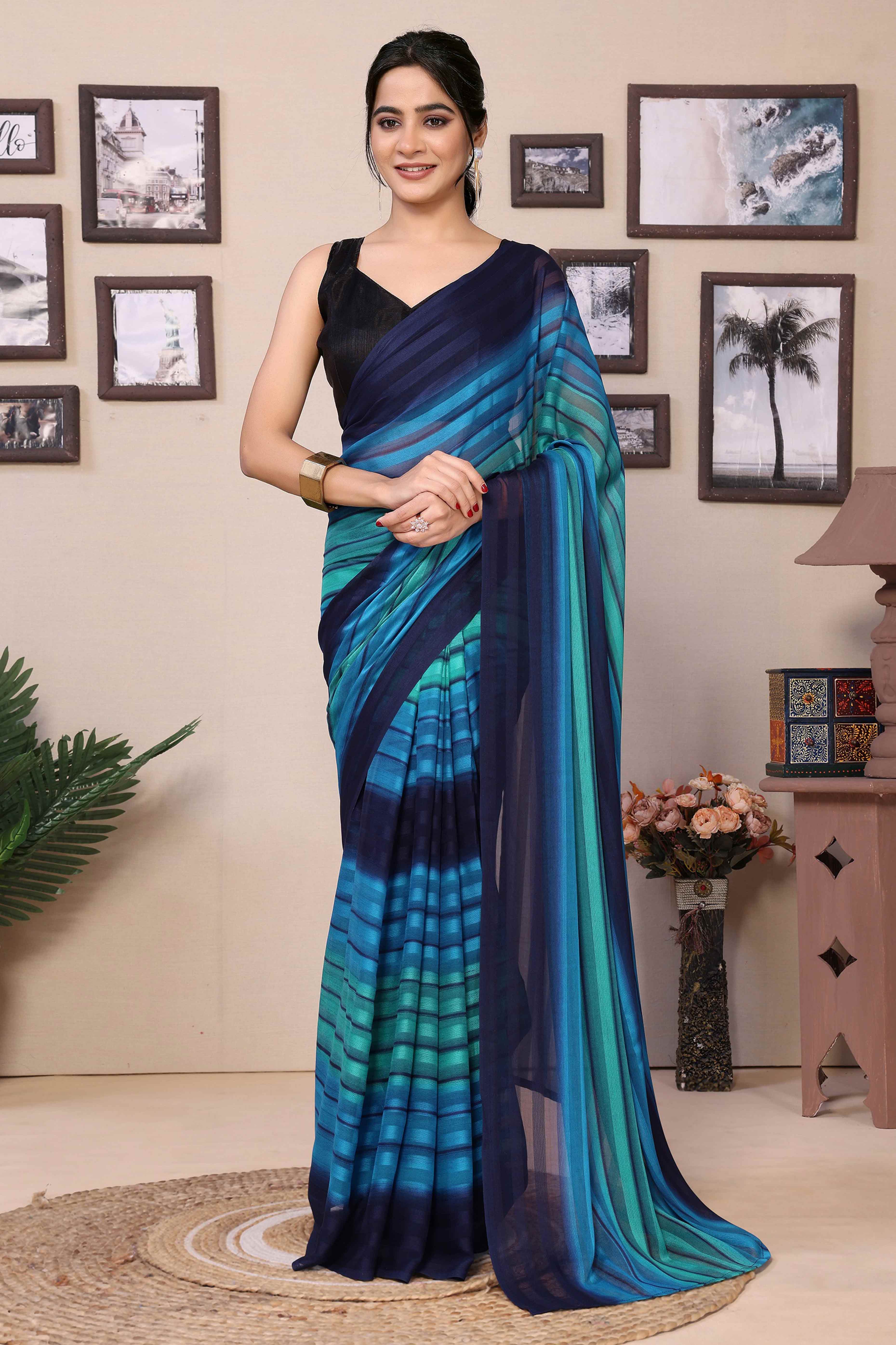 Peachmode Seller Blue Striped Printed Georgette Satin Patta Ready To Wear Saree