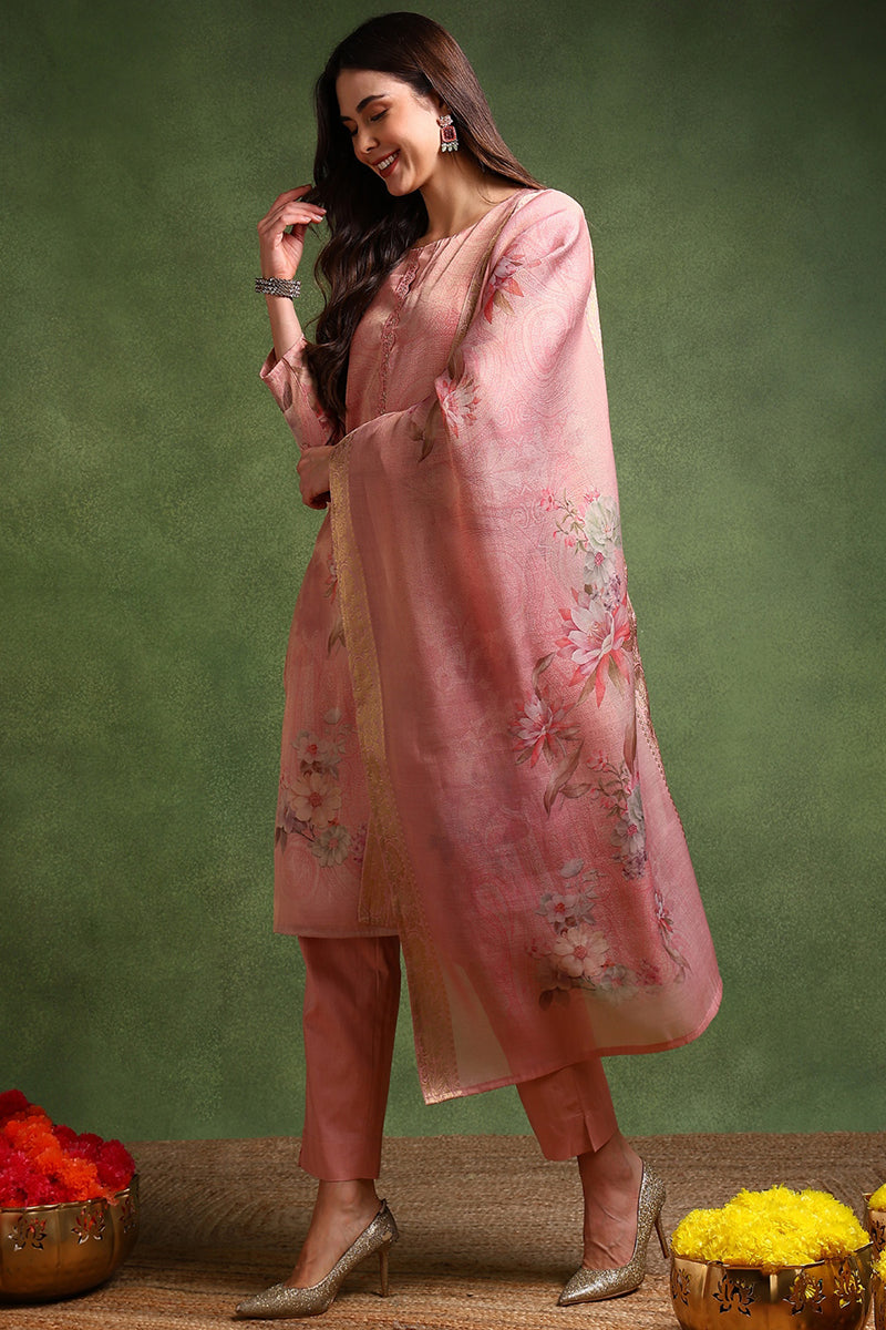 Ahika Pink Linen Blend Woven Design Straight Trouser Suit Set PKSKD2697 - view 2