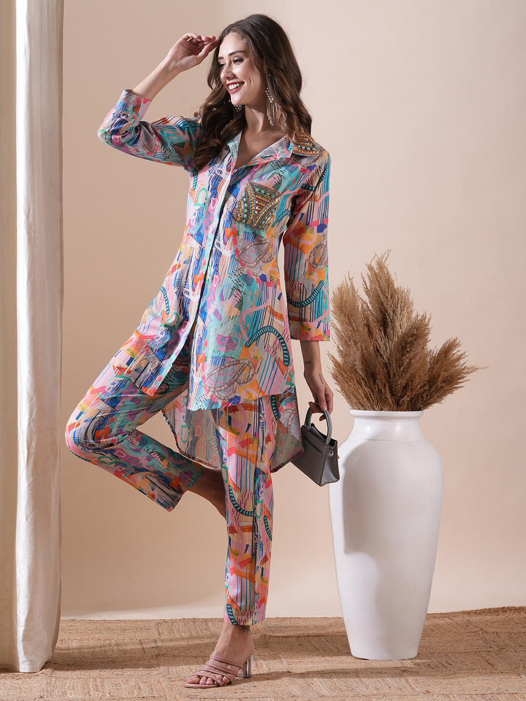 Fashor Abstract Printed Stones & Sequins Embellished Kurti with Pants Co-ord Set - Multi - view 2