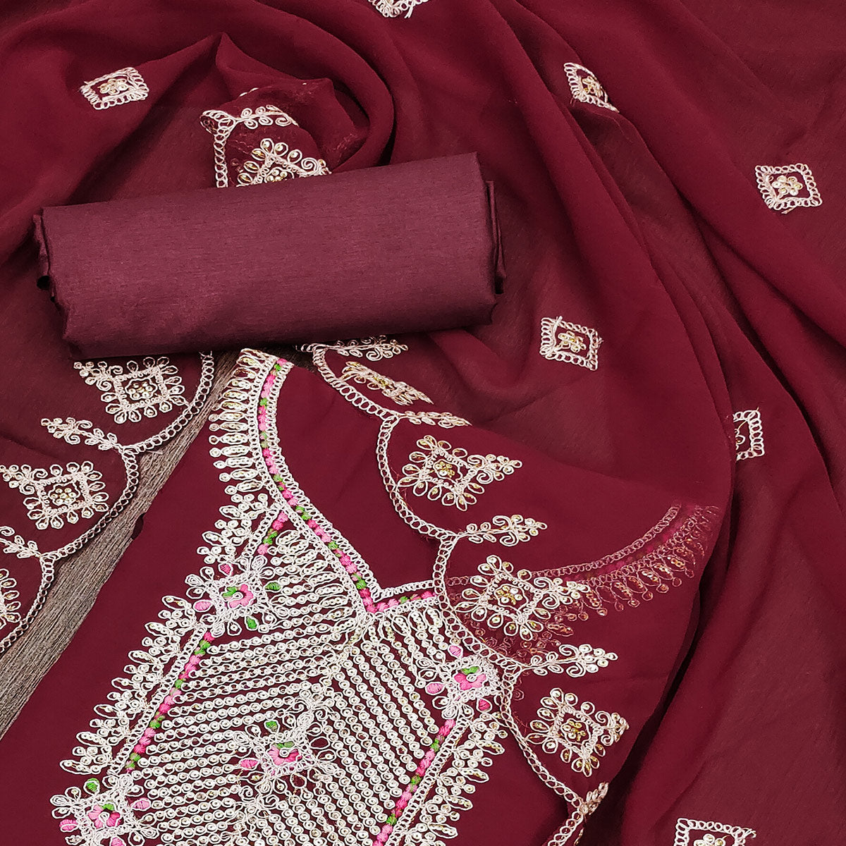 Peachmode Maroon Sequins Embroidered Georgette Dress Material - view 2