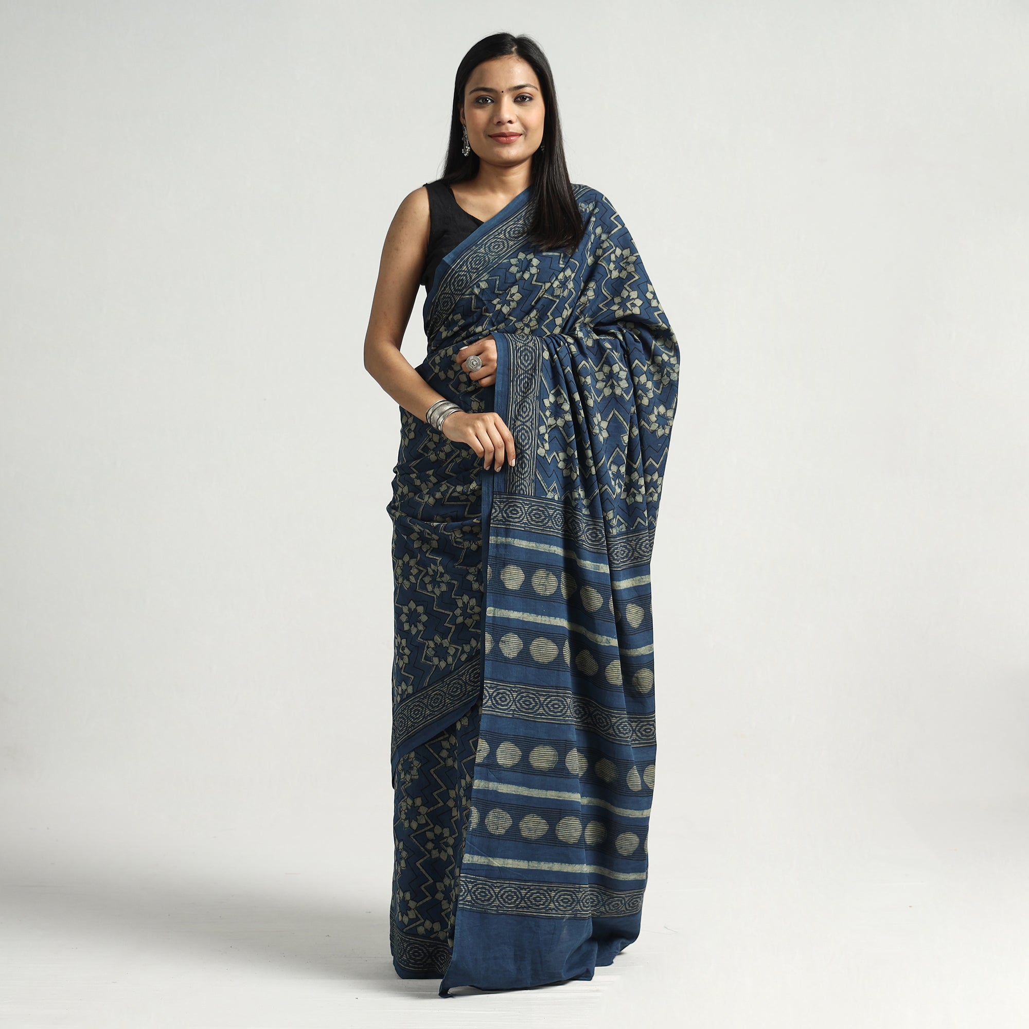 HAVELI CHRONICLES Blue - Akola Hand Block Printed Cotton Saree
