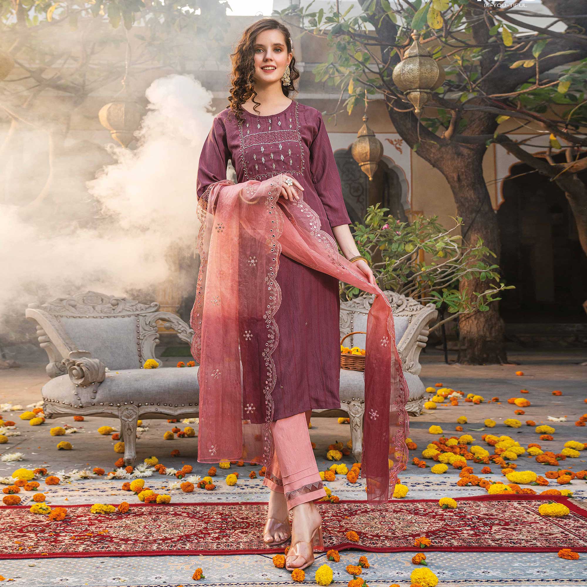Peachmode Dark Mauve Embellished Viscose Salwar Suit