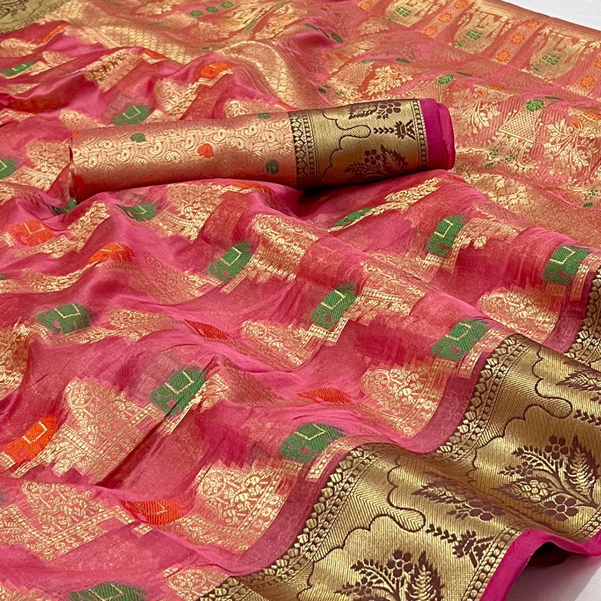 Peachmode Gajari Pink Woven Organza Saree – Women's - view 2