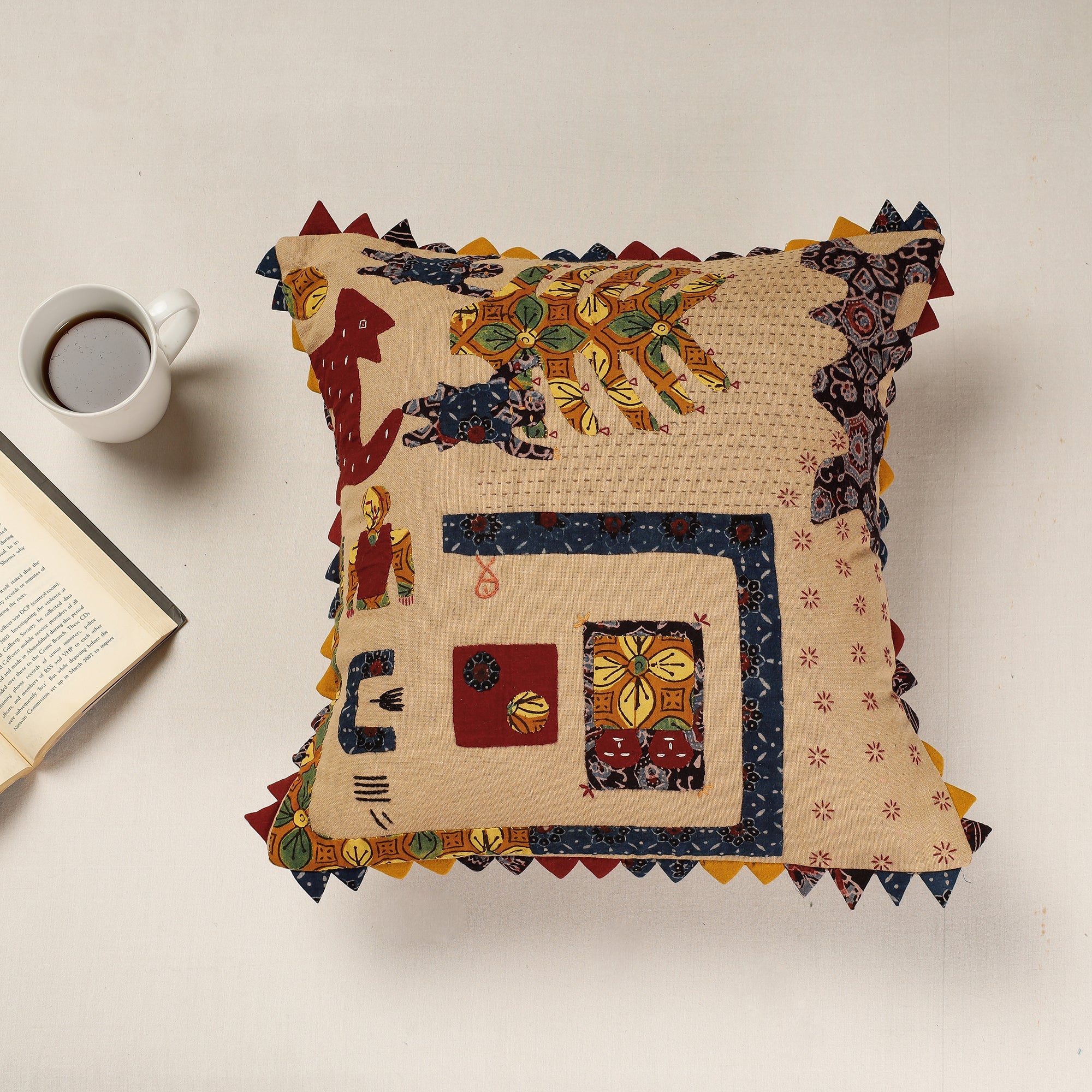 Beige - Kala Raksha Applique Cutwork Cotton Cushion Cover (16 x 16 in)