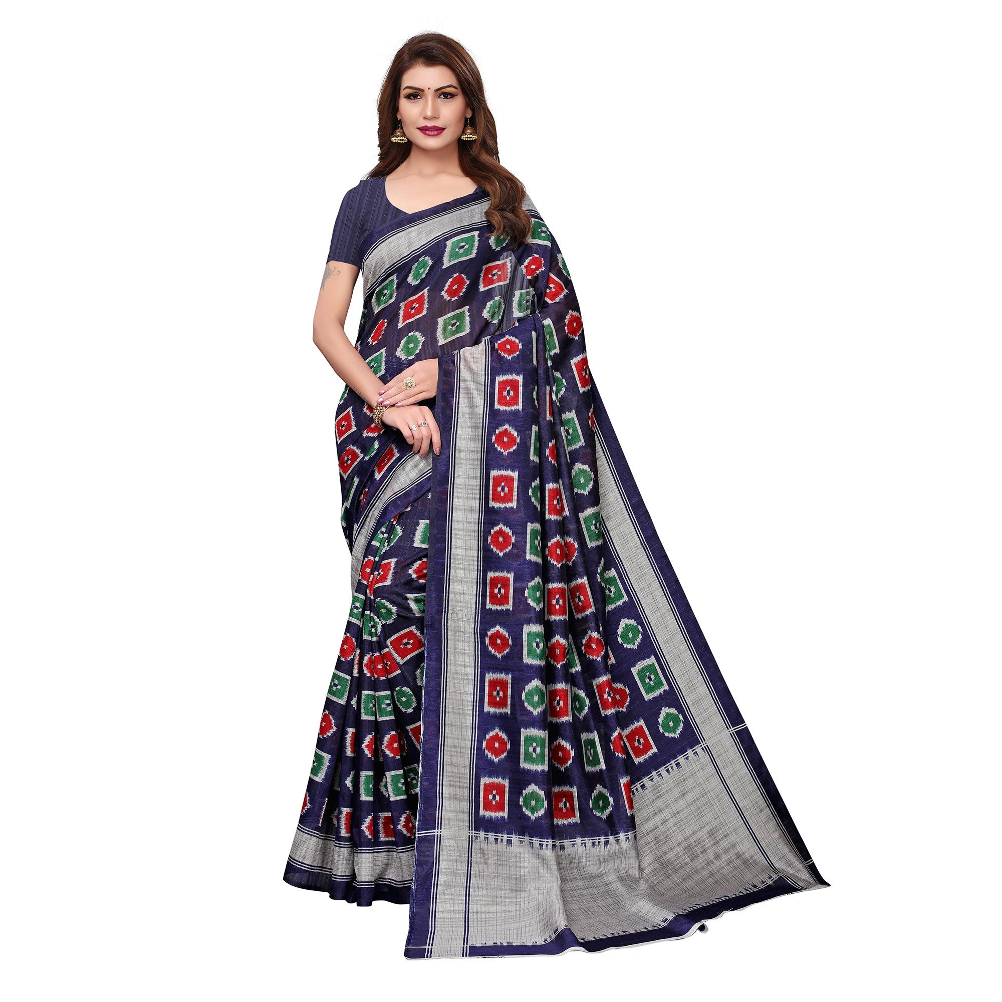 Peachmode Flirty Navy Blue Colored Casual Wear Printed Bhagalpuri Silk Saree