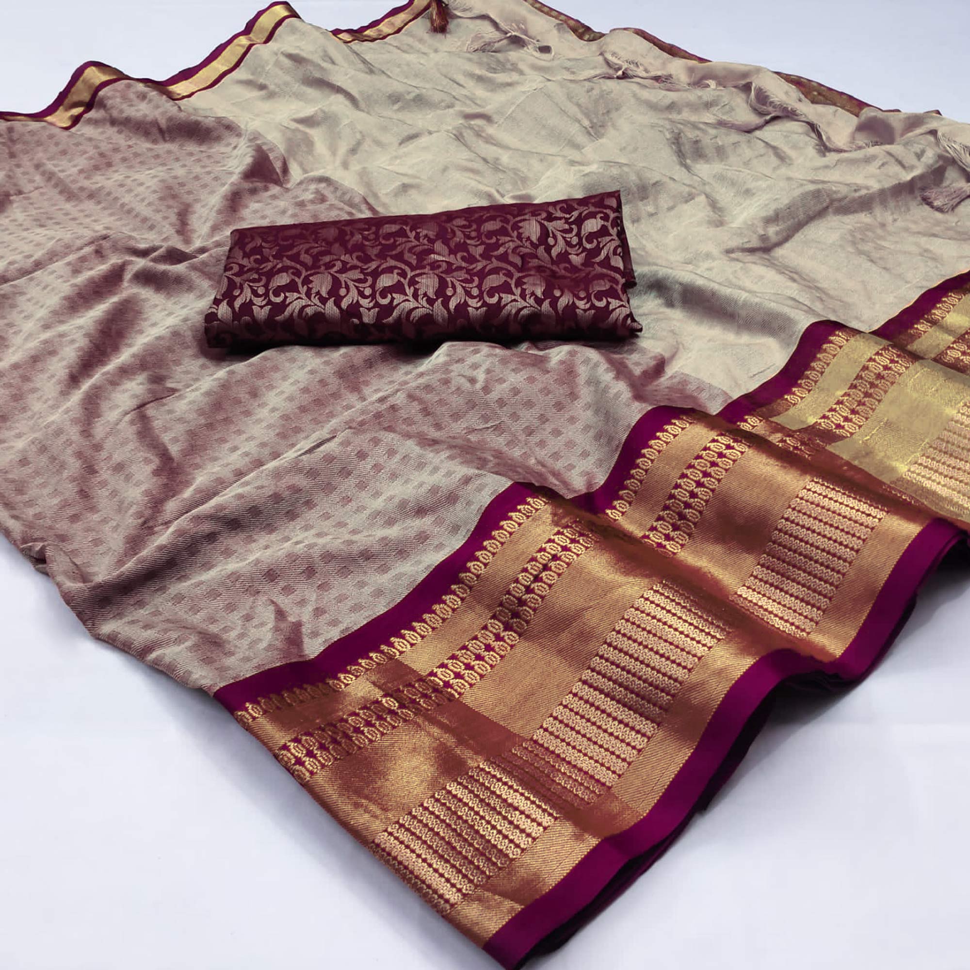 Peachmode Chikoo Woven Cotton Silk Saree With Tassels