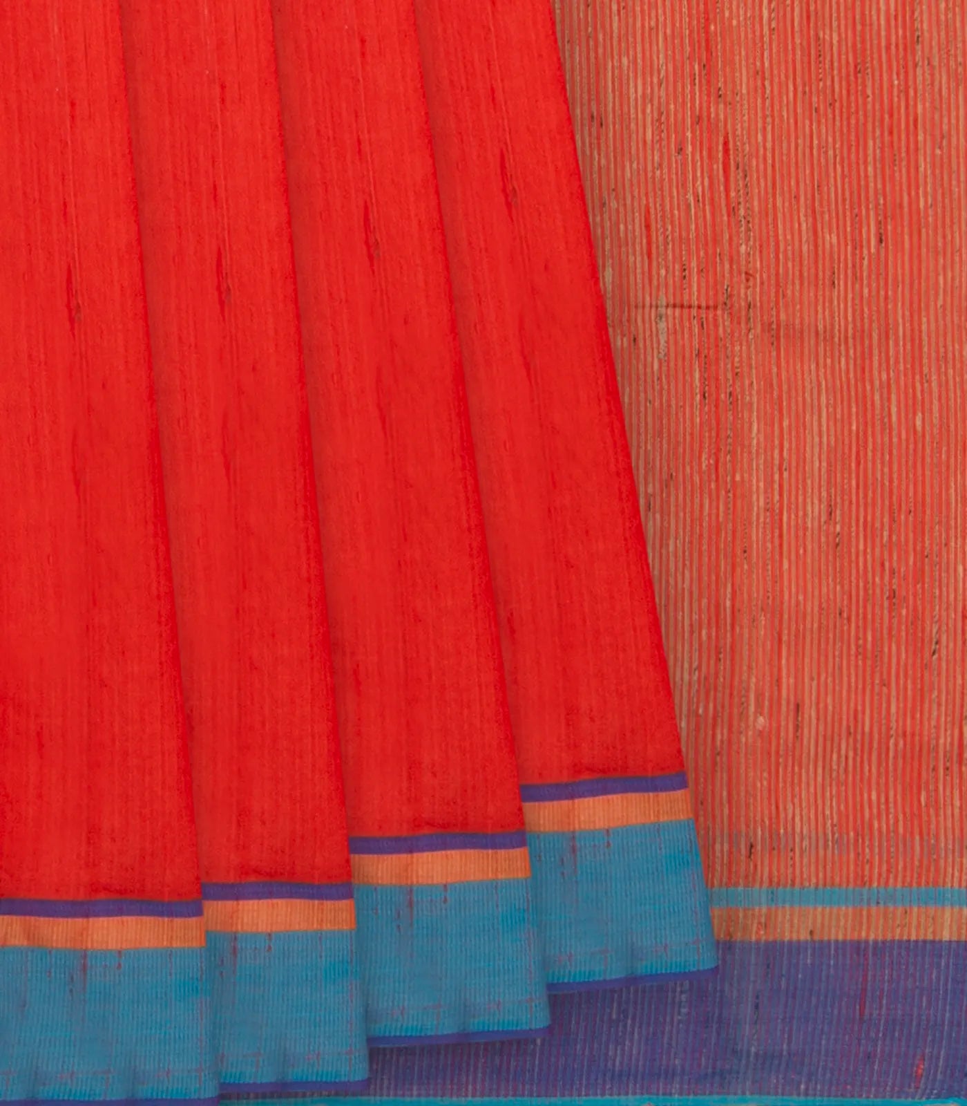 RmKV Orange Handwoven Dupion Silk Saree With Blue & Purple Border-Orange