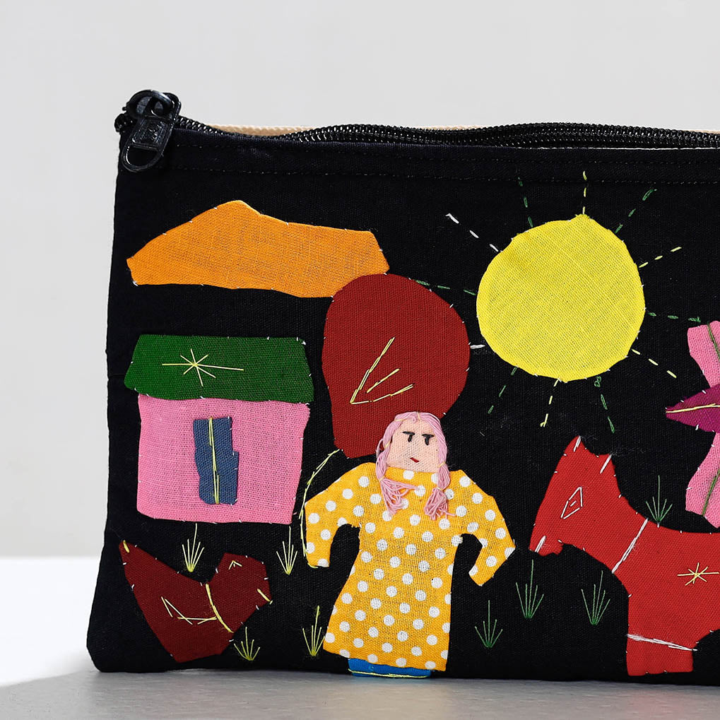 ASHOKA ASSEMBLE - CELEBRATING CRAFTS OF ODISHA Black - Pipli Applique Work Cotton Cosmetic Pouch - view 2