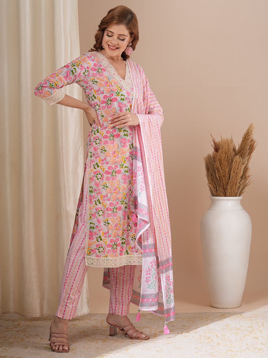 FASHOR Floral Printed & Embroidered Straight Kurta with Pant & Dupatta - Pink - view 4