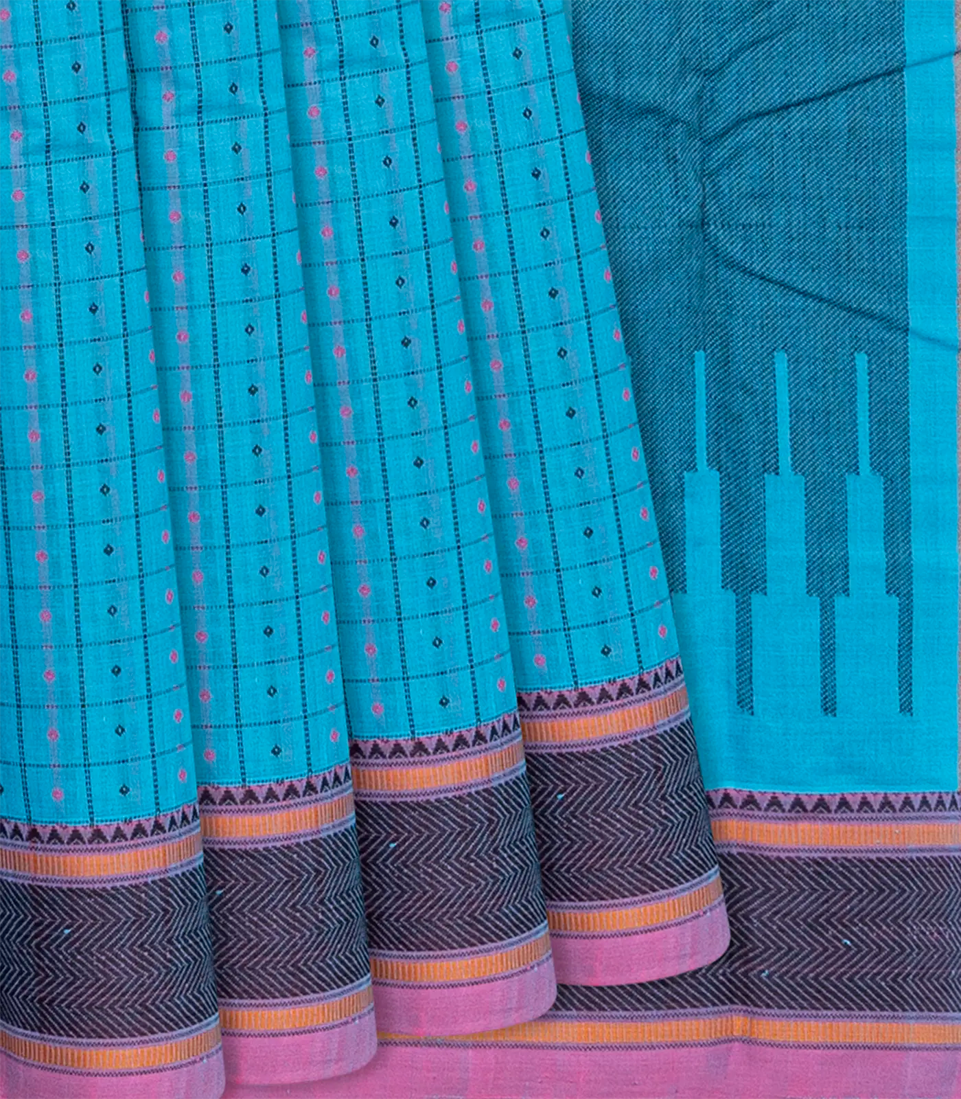 RmKV Sky Blue Handloom Kanchi Cotton Saree With Checks-Sky Blue