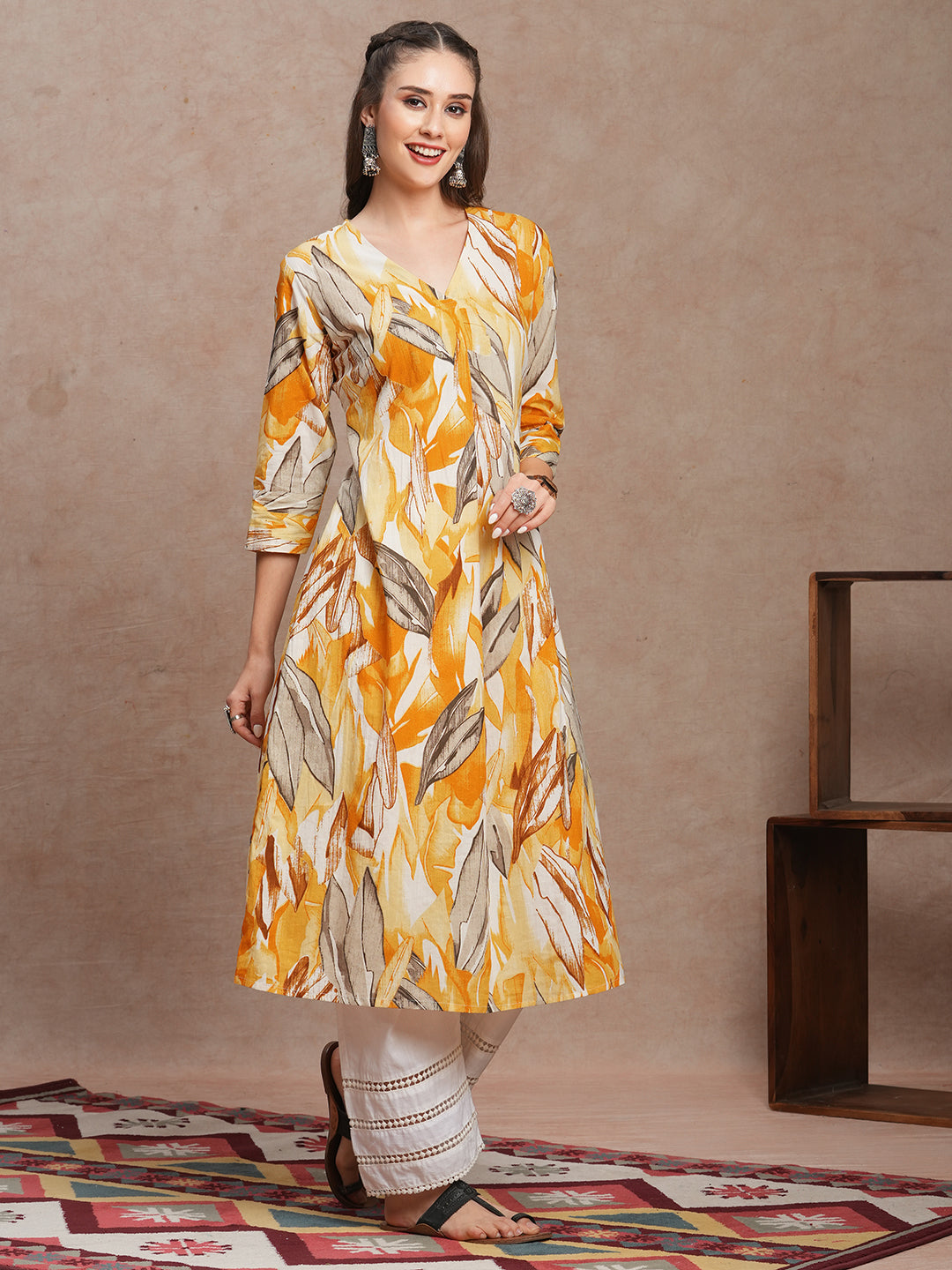 FASHOR Abstract Floral Printed A-Line Kurta - Yellow - view 5