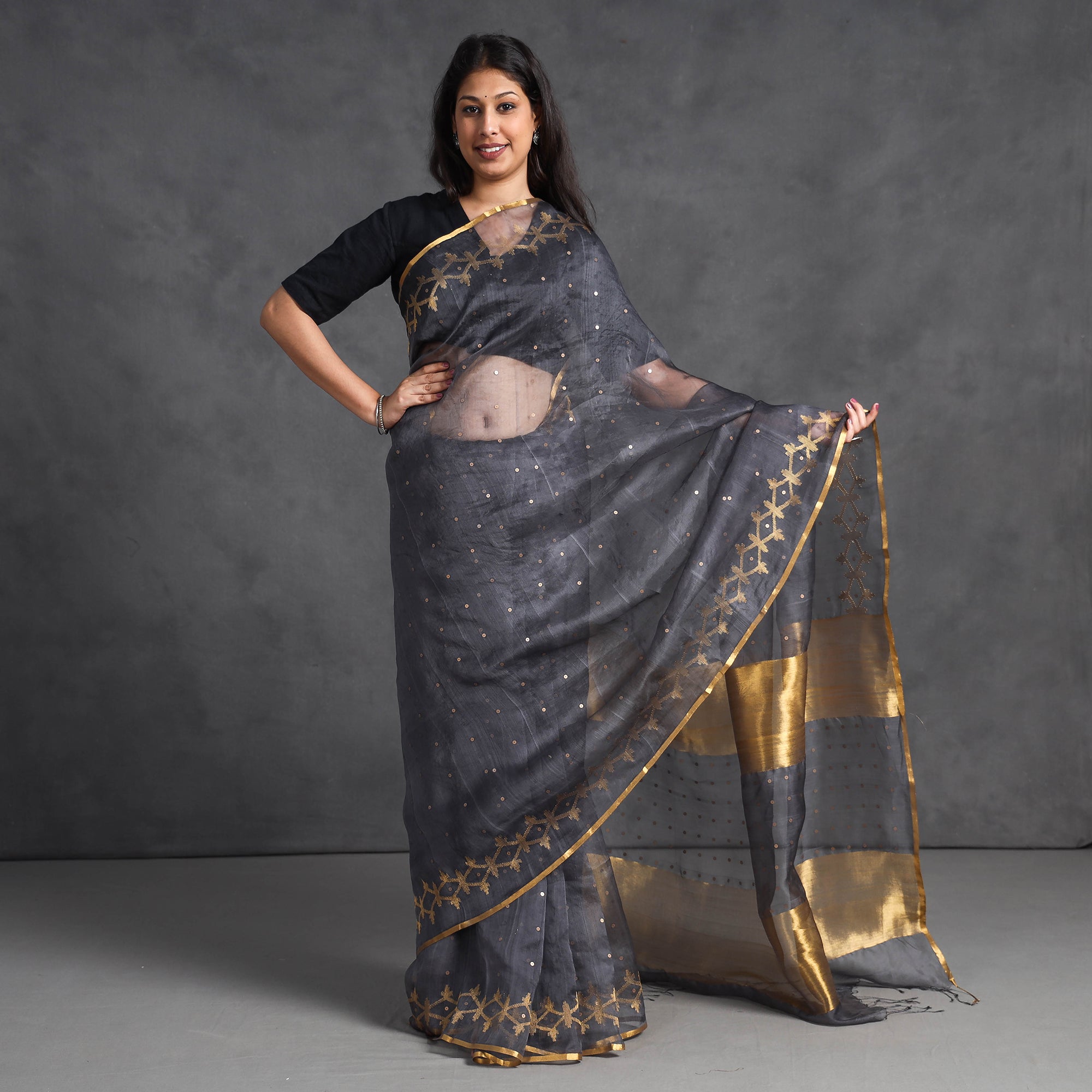 KHUSHBASH - HAPPY LOOM OF EAST Black - Burdwan Sequin Work Handloom Muslin Silk Saree - view 2
