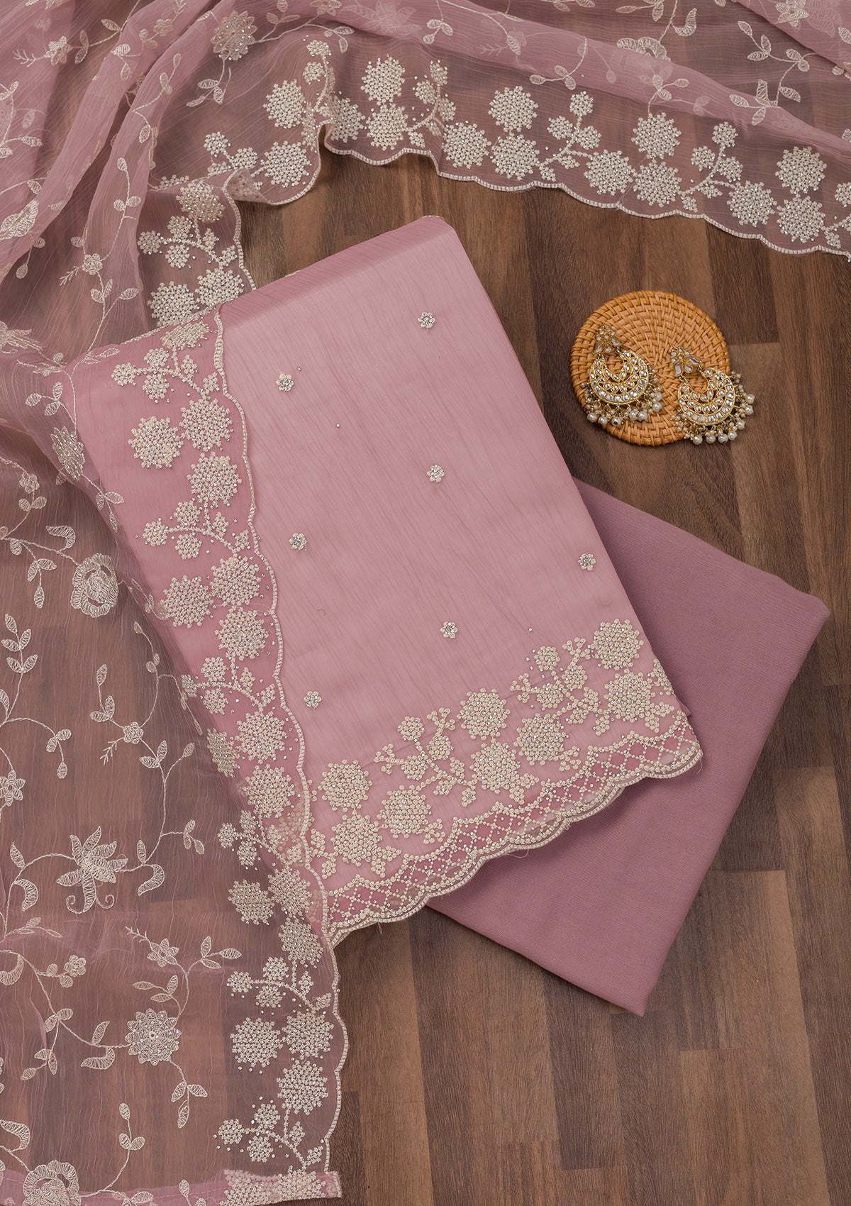 Koskii Mauve Threadwork Chiffon Unstitched Salwar Suit