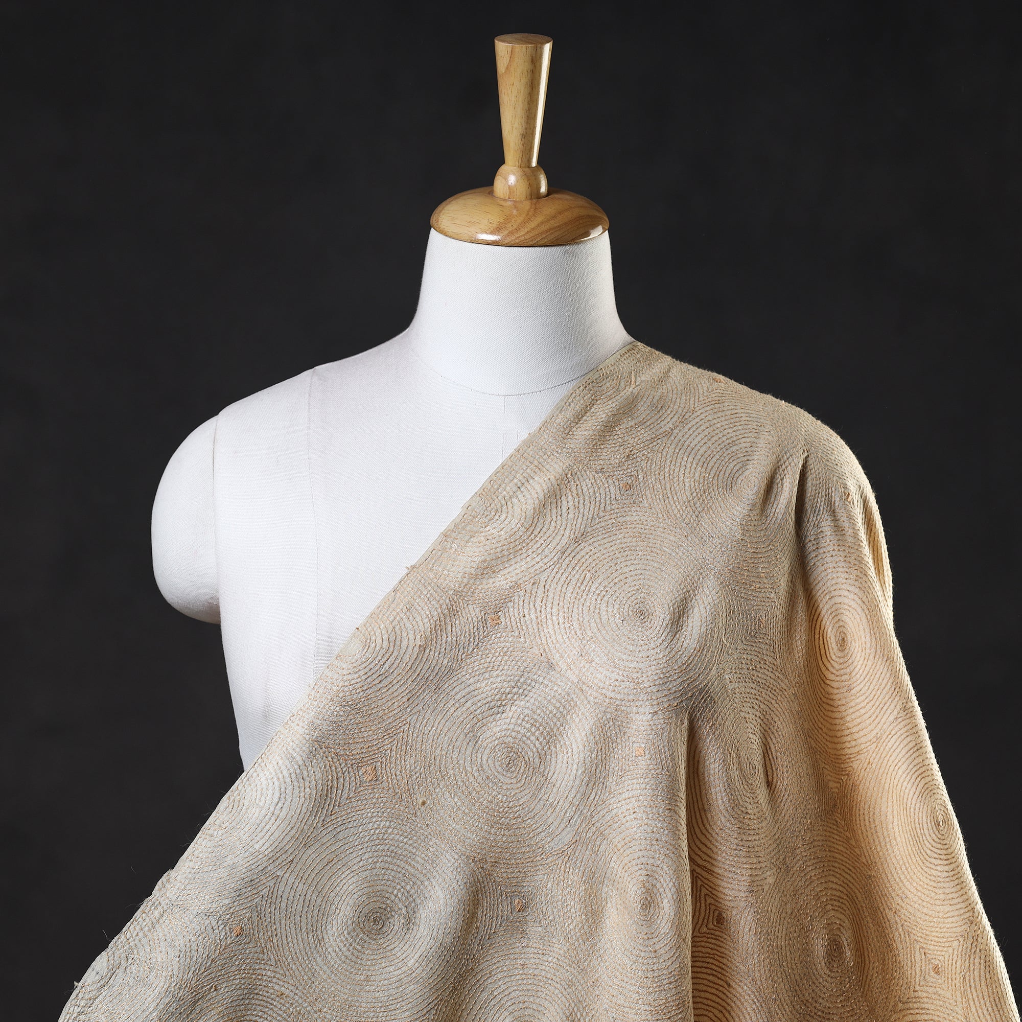 KHUSHBASH - HAPPY LOOM OF EAST Beige - Bengal Kantha Work Pure Tussar Silk Handloom Fabric