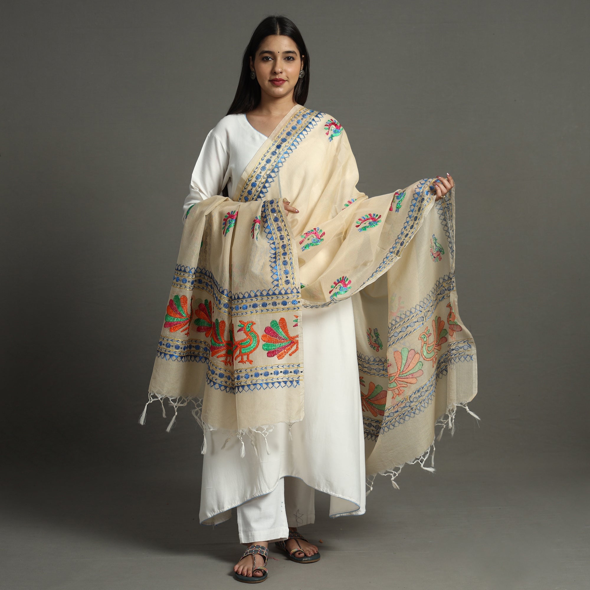 ITOKRI CRAFTS INITIATIVE Beige - Phulkari Hand Embroidery Kota Doria Chanderi Silk Dupatta with Tassels 12 - view 2