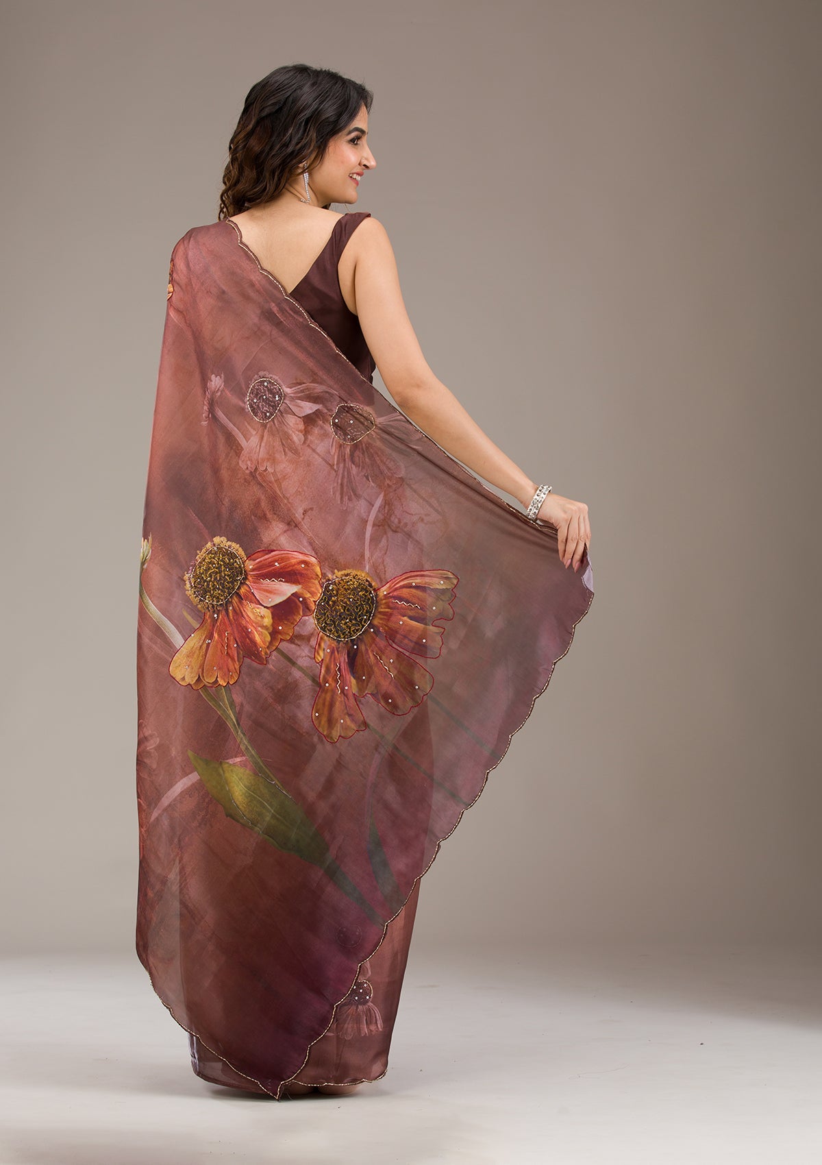 Koskii Brown Printed Tissue Saree – Women's - view 2