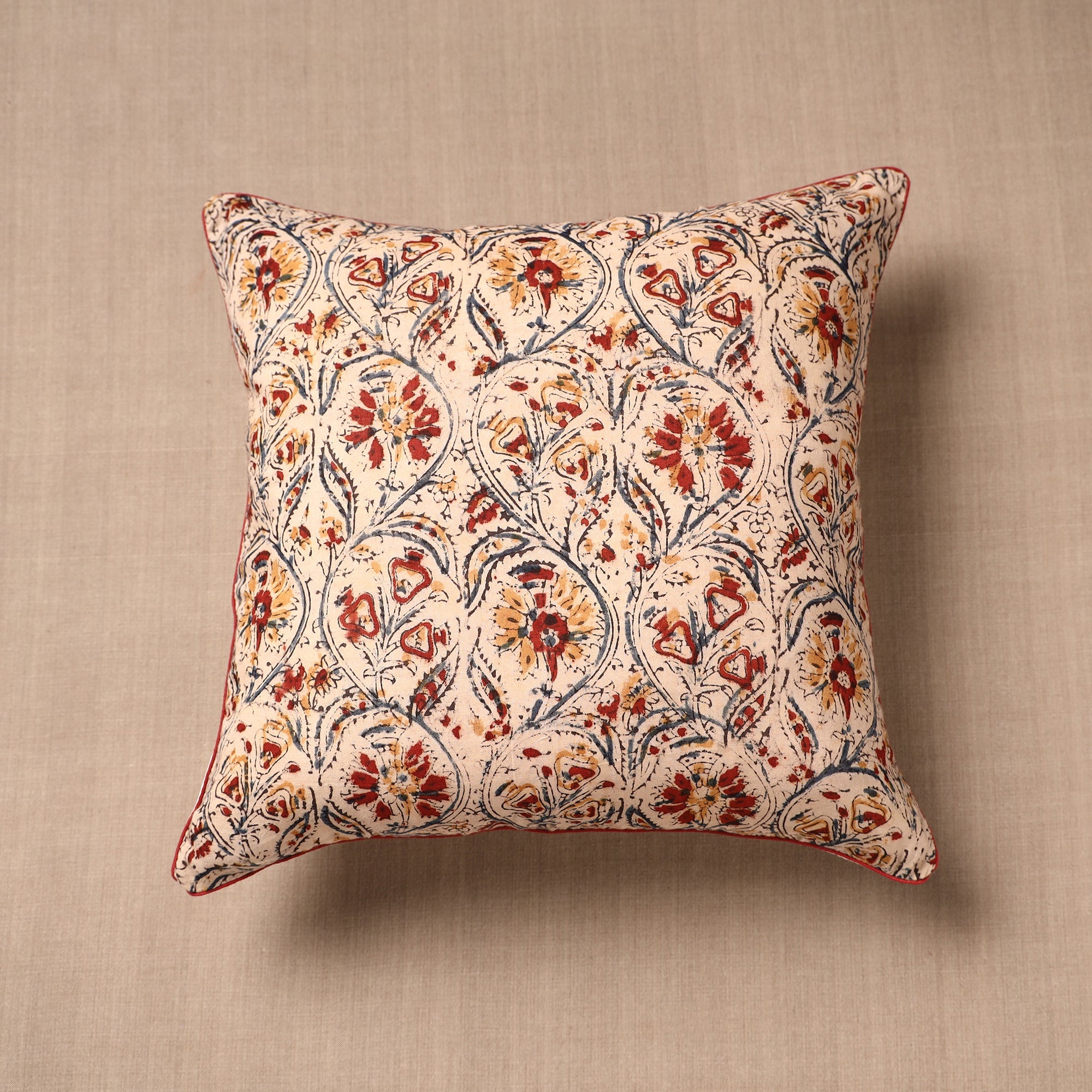 NOORI BAZAR Beige - Block Print Cotton Kalamkari Cushion Cover (16 x 16 in)