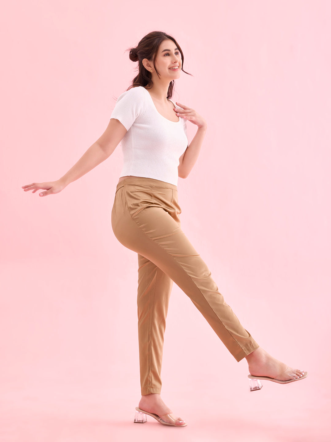 Go Colors Women Solid Mid Rise Deep Gold Shiny Pants