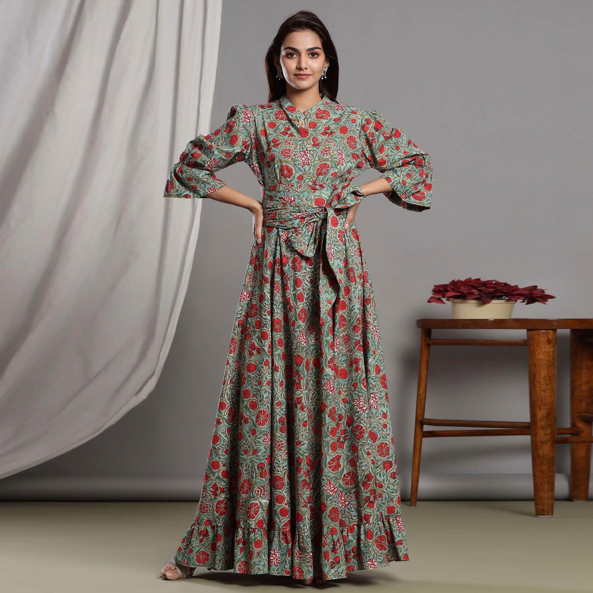 Peachmode Multicolor Casual Wear Floral Printed Cotton Gown