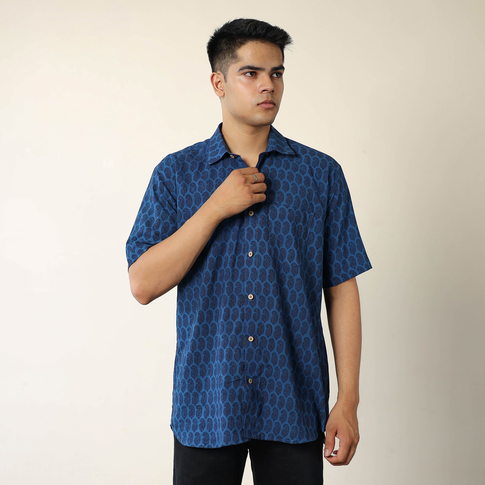 ITOKRI CASUALS Blue - Bagh Hand Block Printed Cotton Men Half Sleeve Shirt 02