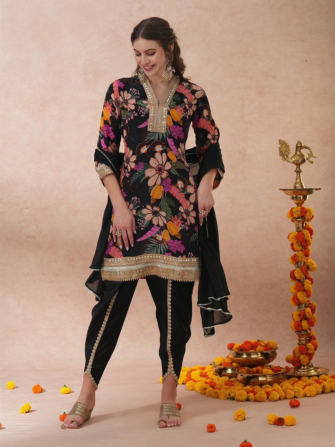 FASHOR Abstract Floral Printed & Hand Embroidered A-Line Kurta with Pant & Dupatta - Black - view 4