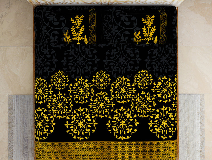 Spaces India Floral Black 100% Cotton King Size Bedsheet - Gold - Rangana By Spaces - view 3