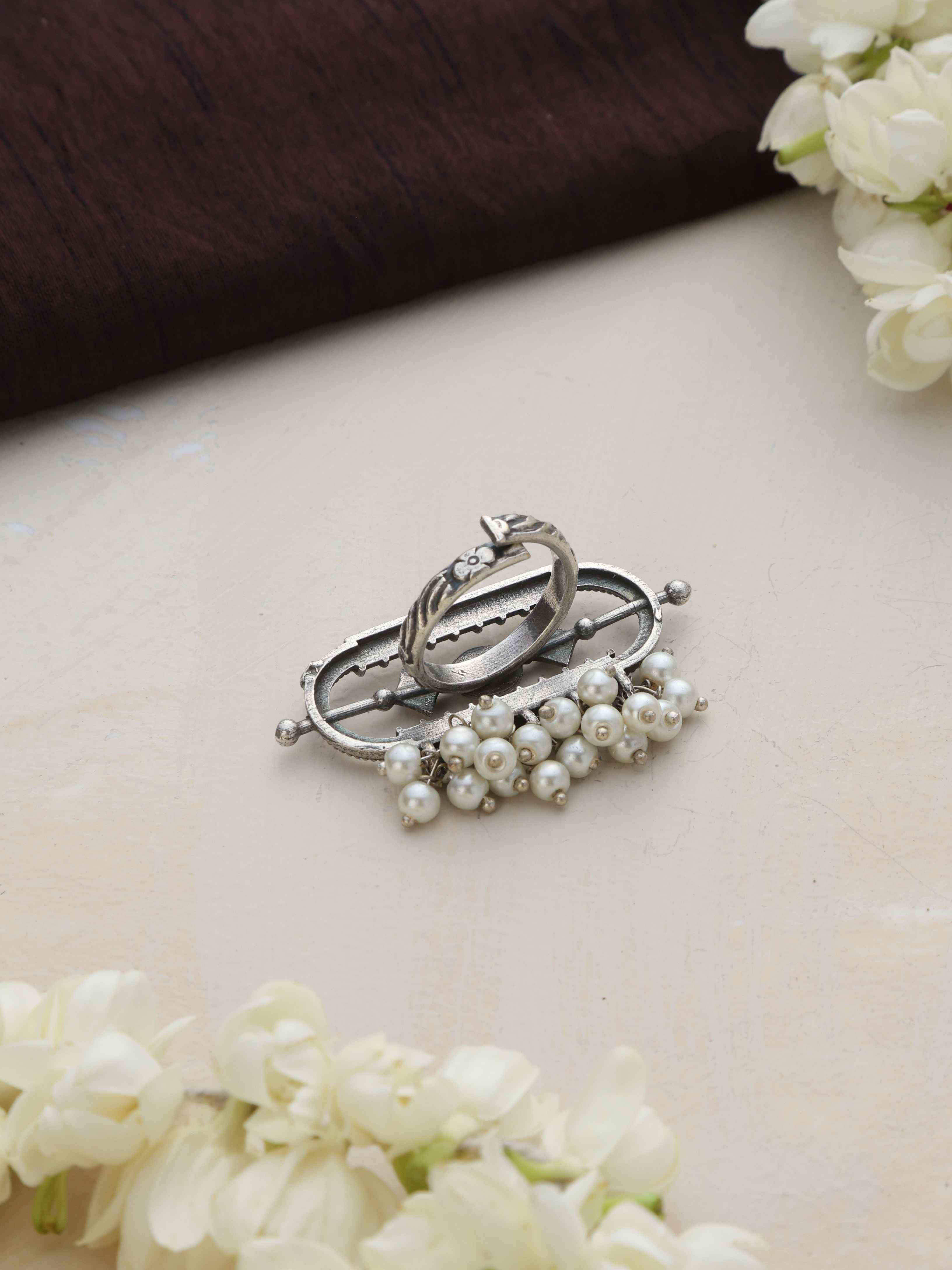 trueBrowns Silver Tone Pearl Drop Ring - view 5