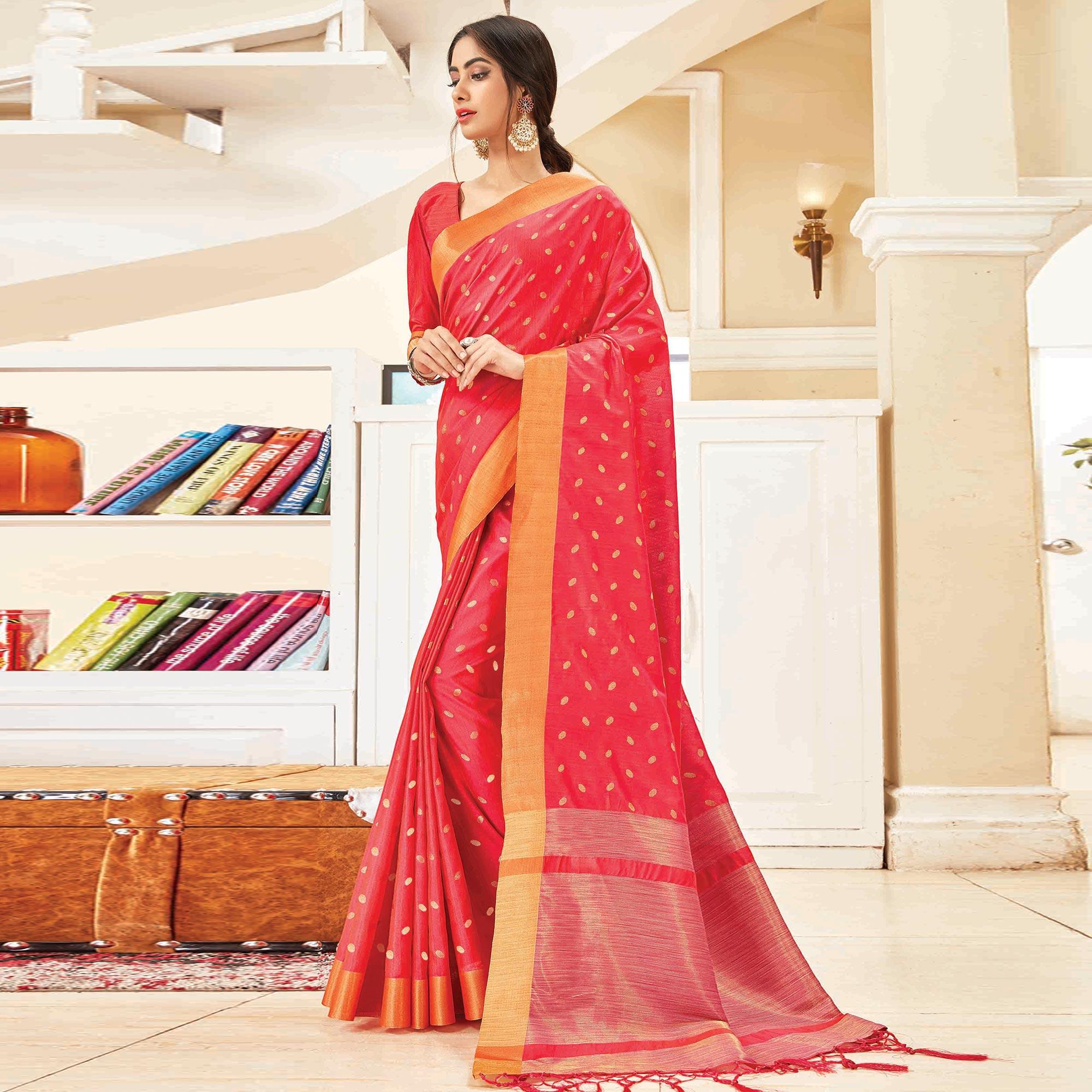Peachmode Glorious Pink Colored Festive Wear Woven Handloom Silk Saree With Tassels
