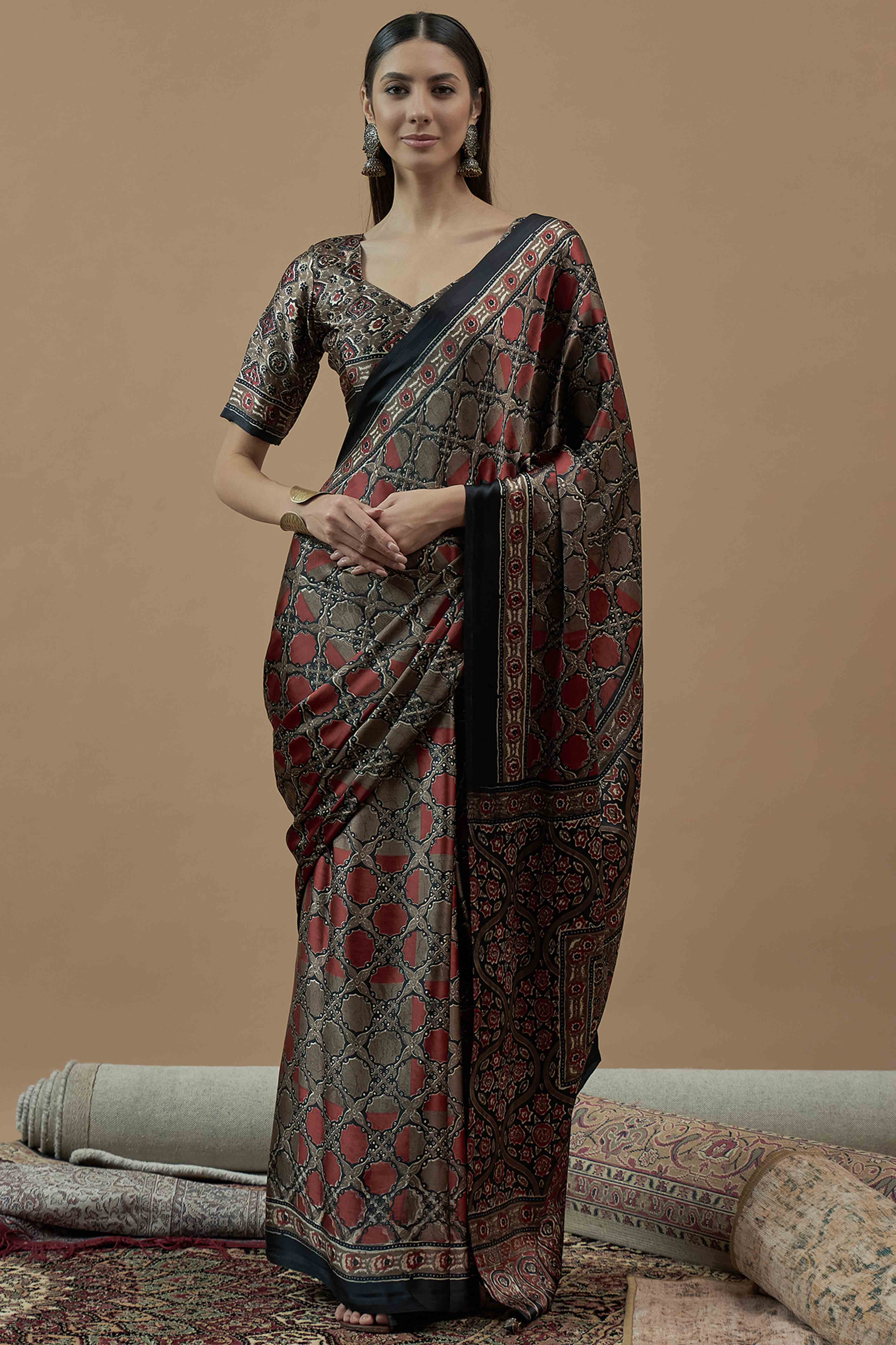 Peachmode Brown Ajrakh Printed Satin Saree With Tassels