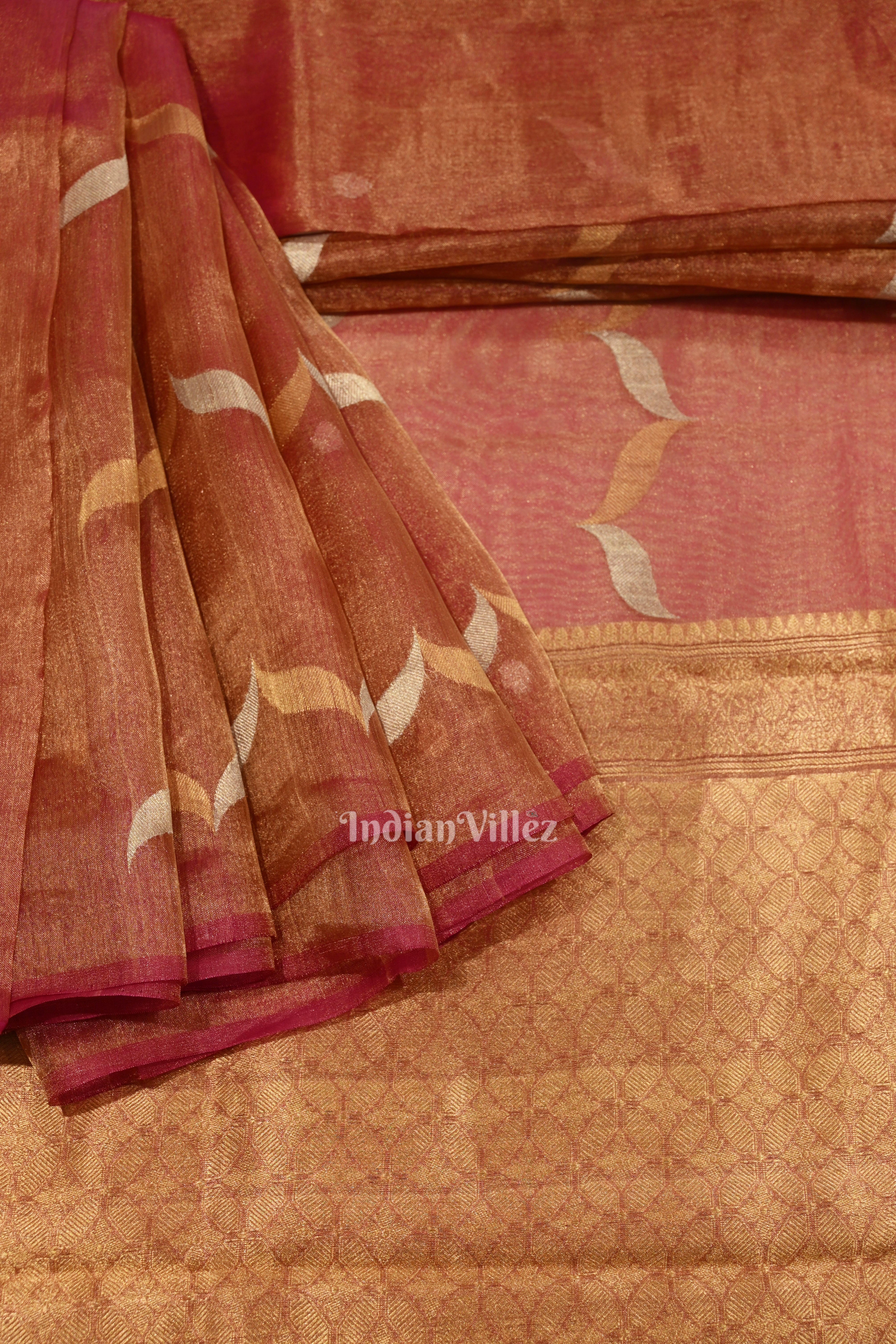 IndianVillèz Rani Pink Kora Organza Banarasi Saree with Sona Rupa Work
