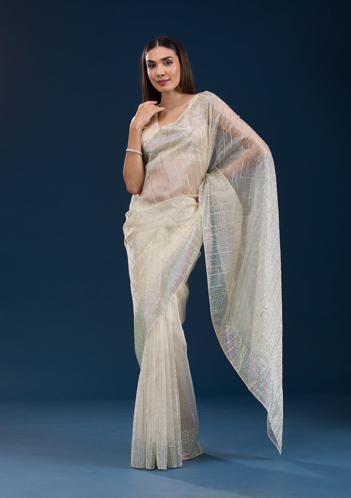 Koskii Beige Stonework Tissue Saree – Women's