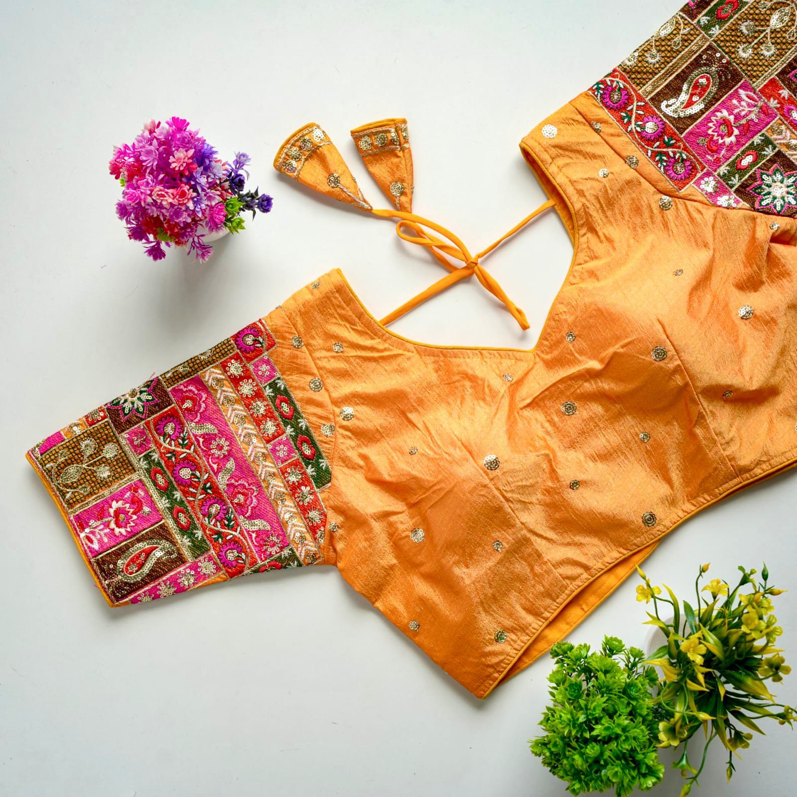 ClothsVilla Orange Golden Embroidered Seoul Silk Blouse with Sequins