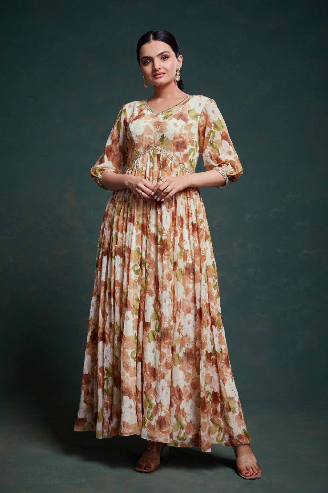 ClothsVilla Chic Brown Georgette Dress with Elegant Prints – Ready to Wear - view 2