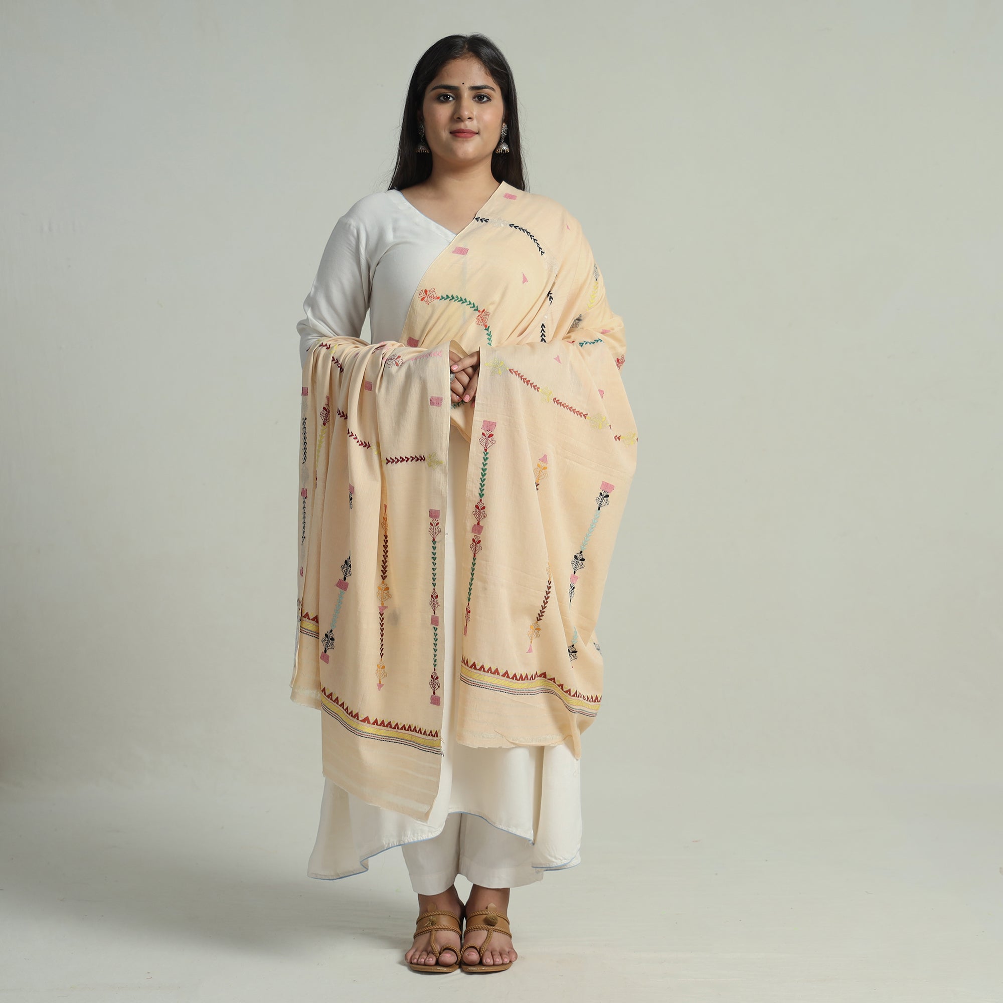 KHUSHBASH - HAPPY LOOM OF EAST Beige - Bengal Kantha Embroidery Silk Cotton Dupatta 05 - view 3