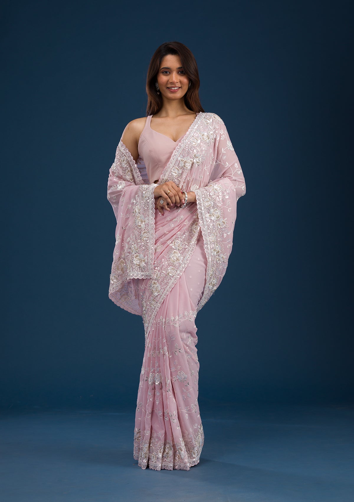 Koskii Pink Threadwork Georgette Saree – Women's