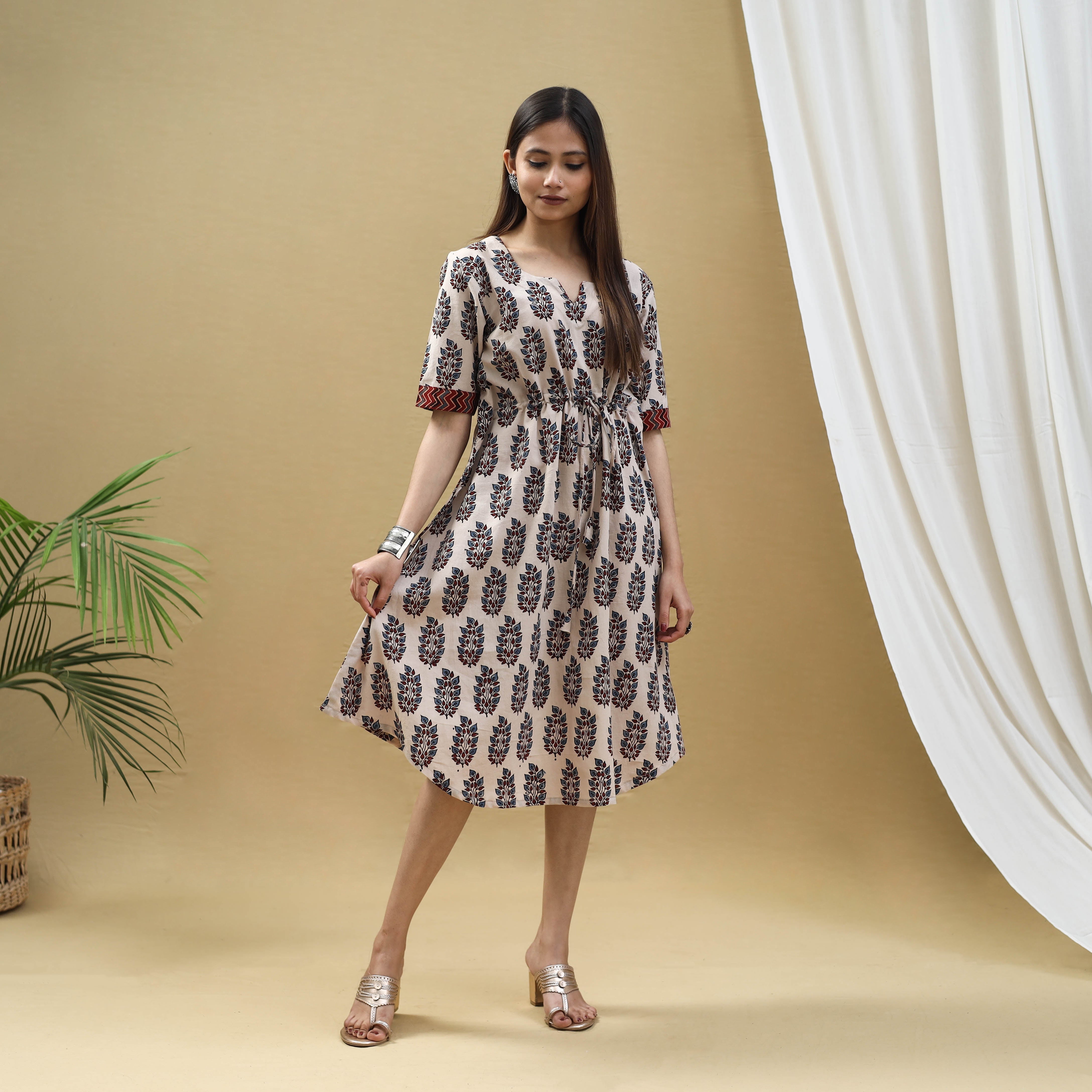 ITOKRI CASUALS Beige - Block Print Cotton Flared Short Ajrakh Dress 12 - view 5
