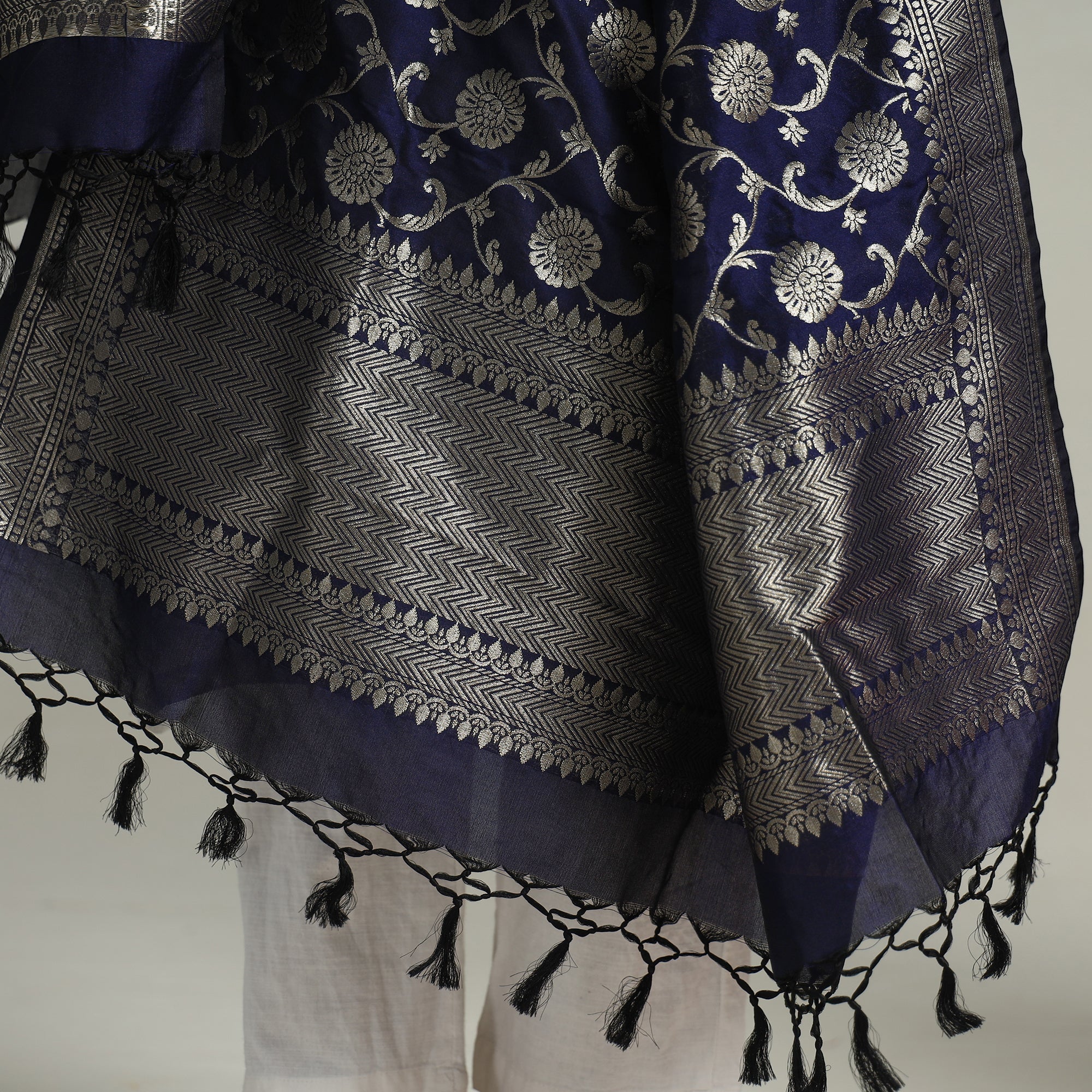 BANARASI BY MAQBUL HASAN Blue - Banarasi Semi Silk Zari Jaal Dupatta with Tassels 85 - view 4