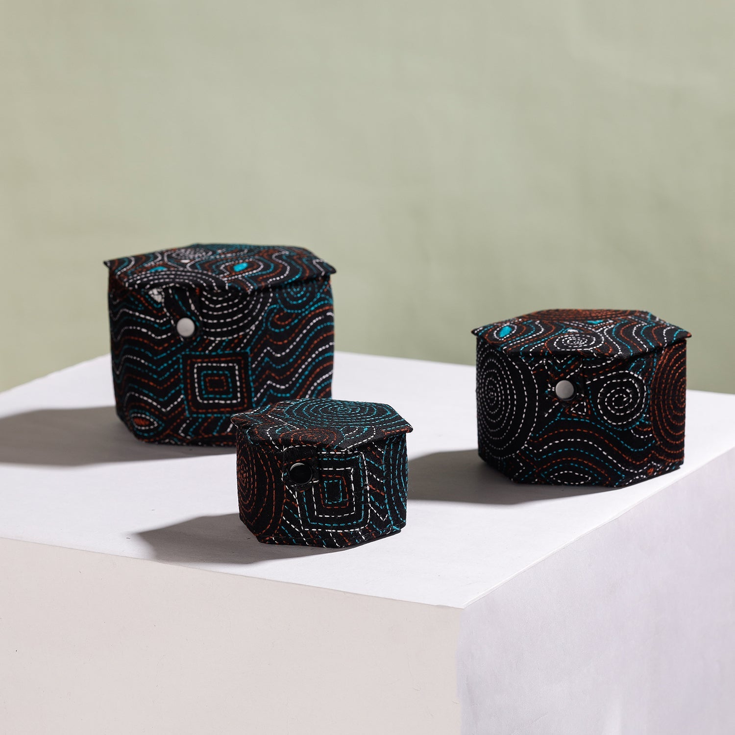 Jewelry box set – ASALKAAR Black - Bengal Kantha Work Handcrafted Hexagon Jewelry Box (Set of 3)