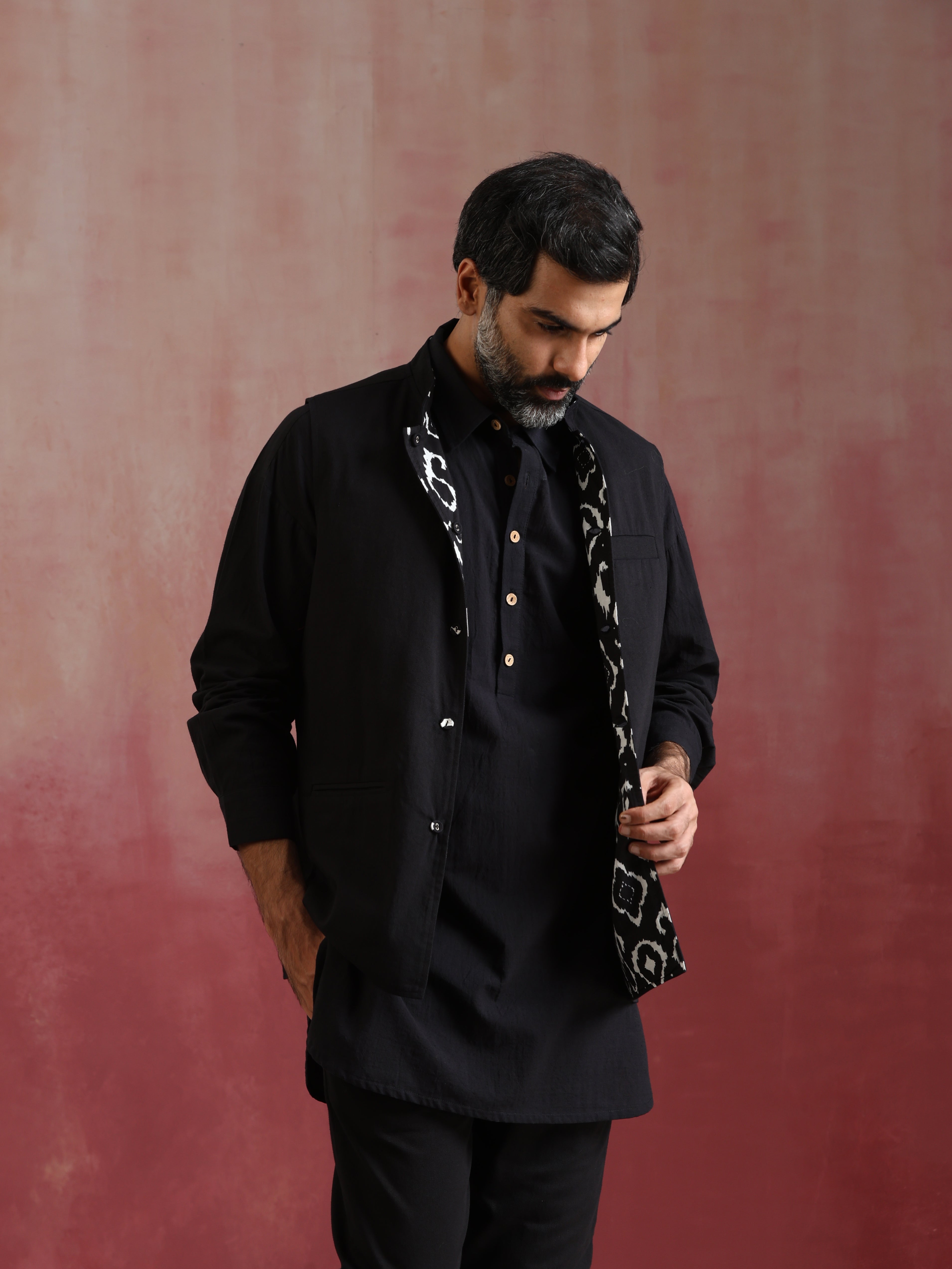 trueBrowns Men's Black Ikat Reversible Nehru Jacket - view 6