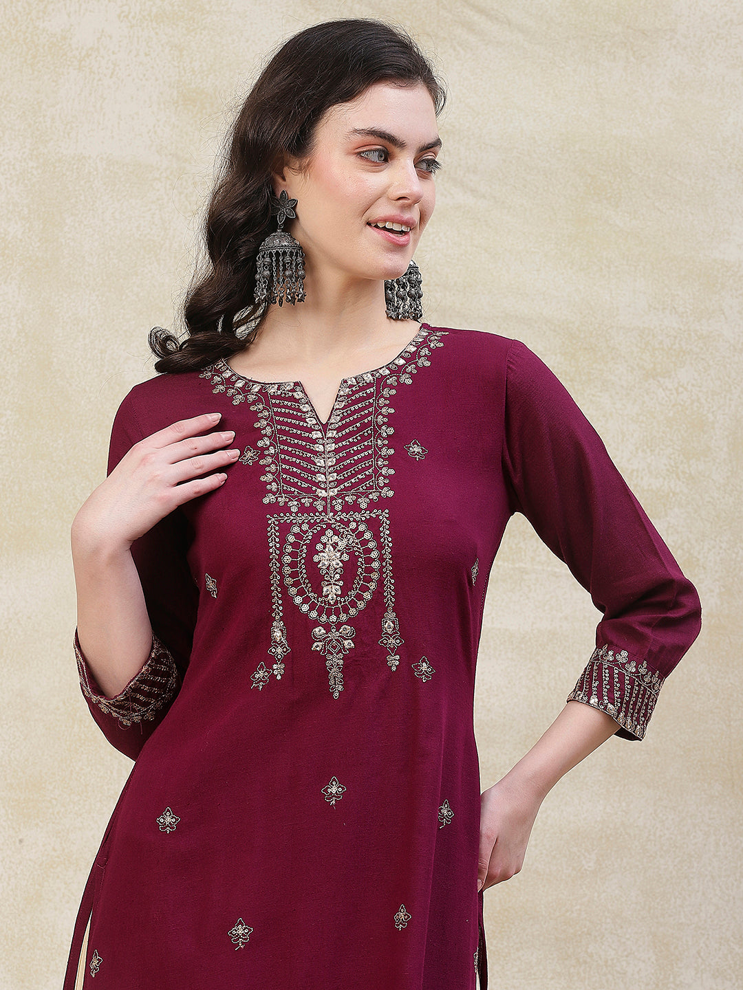Fashor Solid Zari, Mirror & Sequins Embroidered Kurta - Mauve - view 2