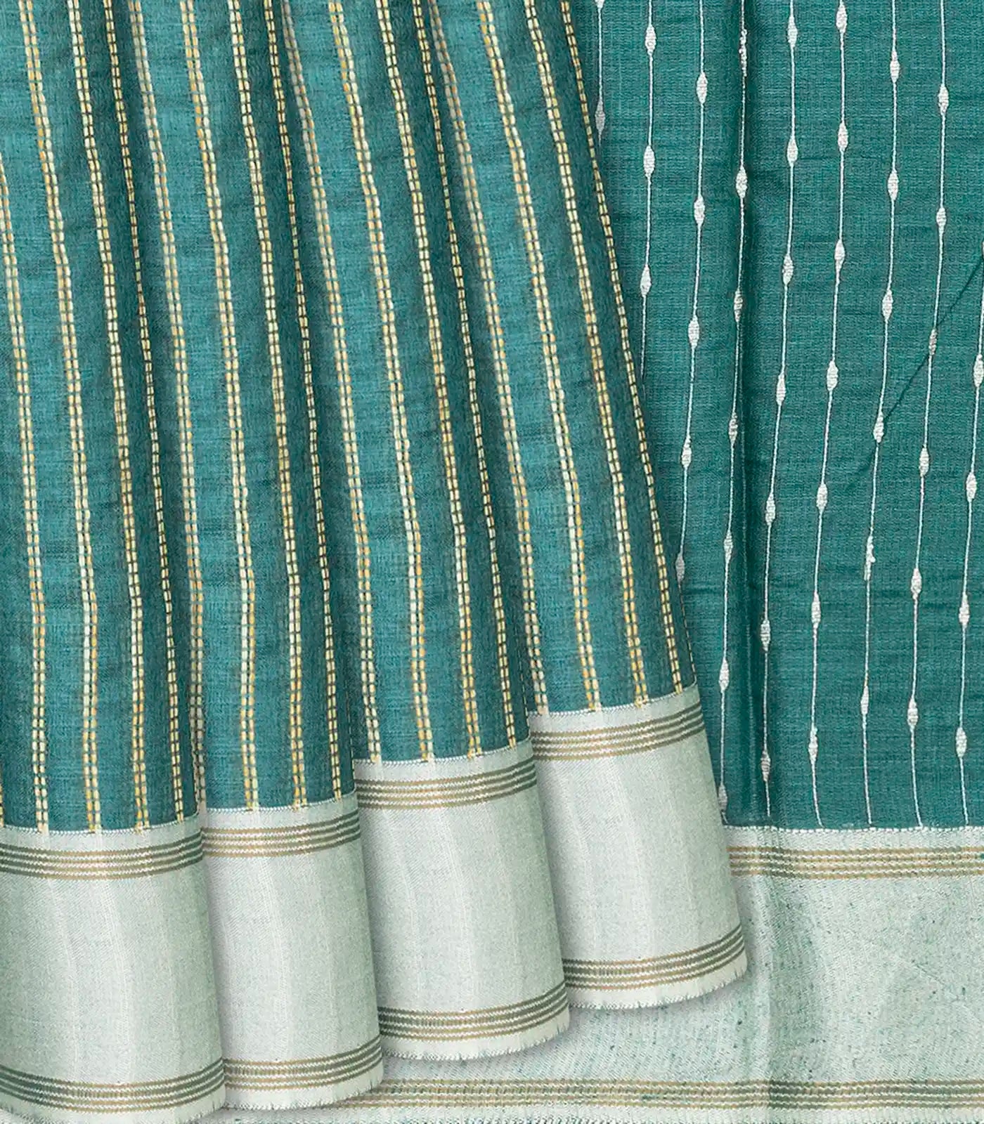 RmKV Shadow Green Woven Tussar Silk Saree With Dotted Stripes-Shadow Green