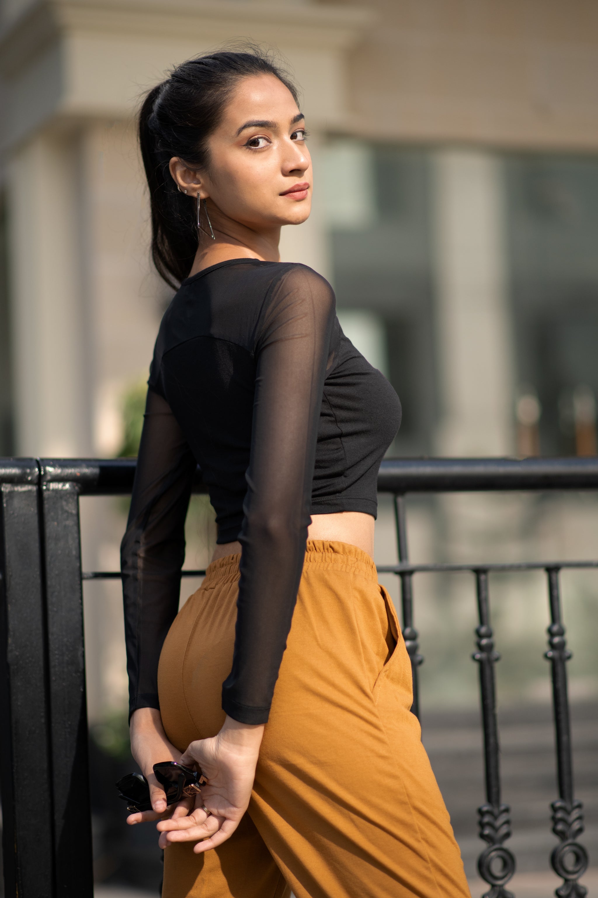 Baddie Keyhole Mesh Trim Knit Top – Black - view 4