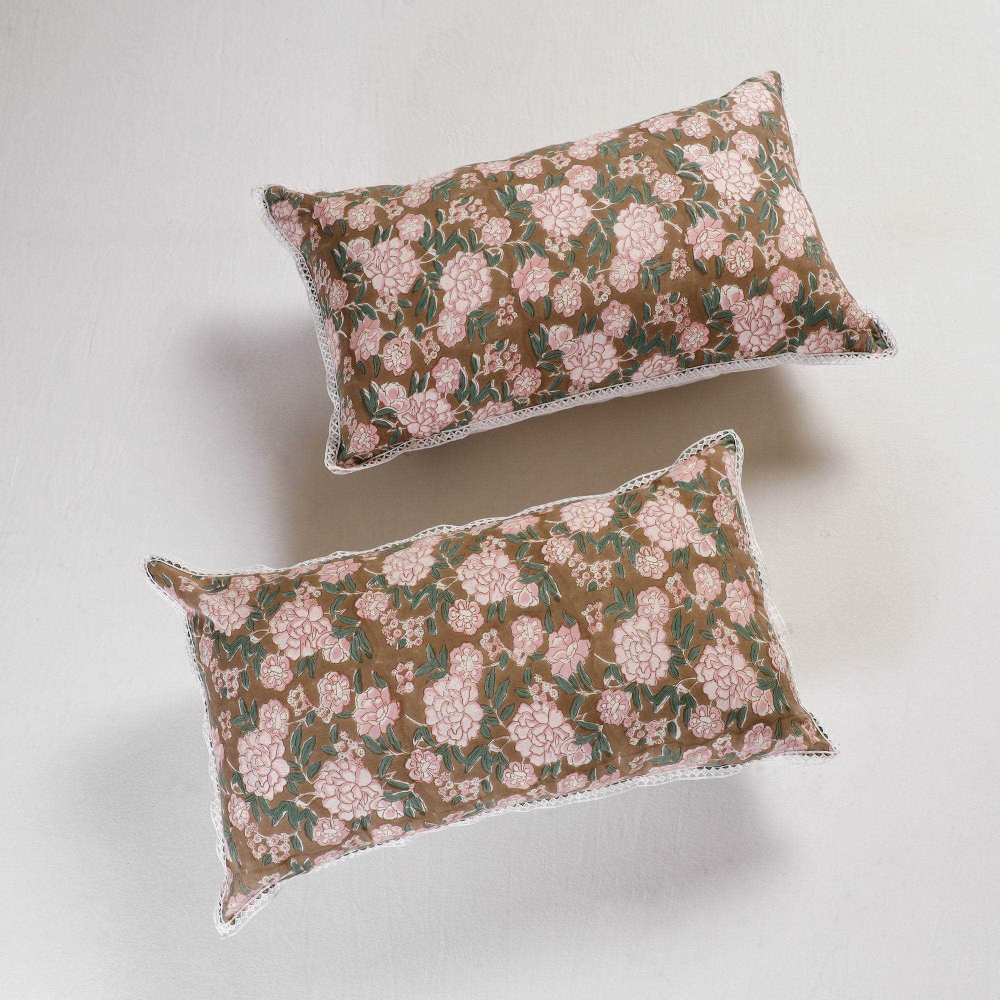 HAVELI CHRONICLES Brown - Sanganeri Block Printed Cotton Pillow Cover With Lace (26 x 16 in) - Set of 2 - view 2