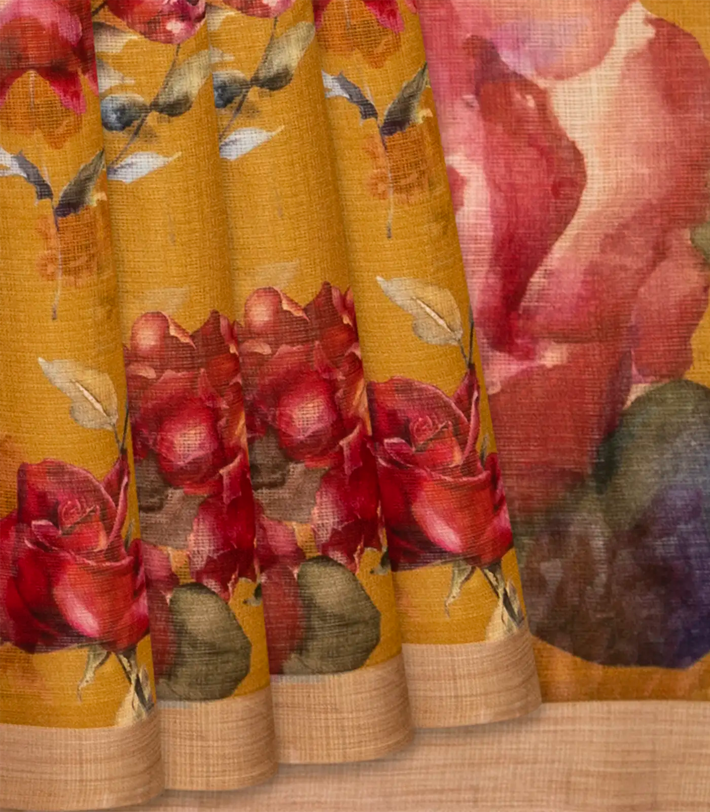 RmKV Oil Mustard Woven Kota Silk Saree With Printed Floral Motif-OIL MUSTARD