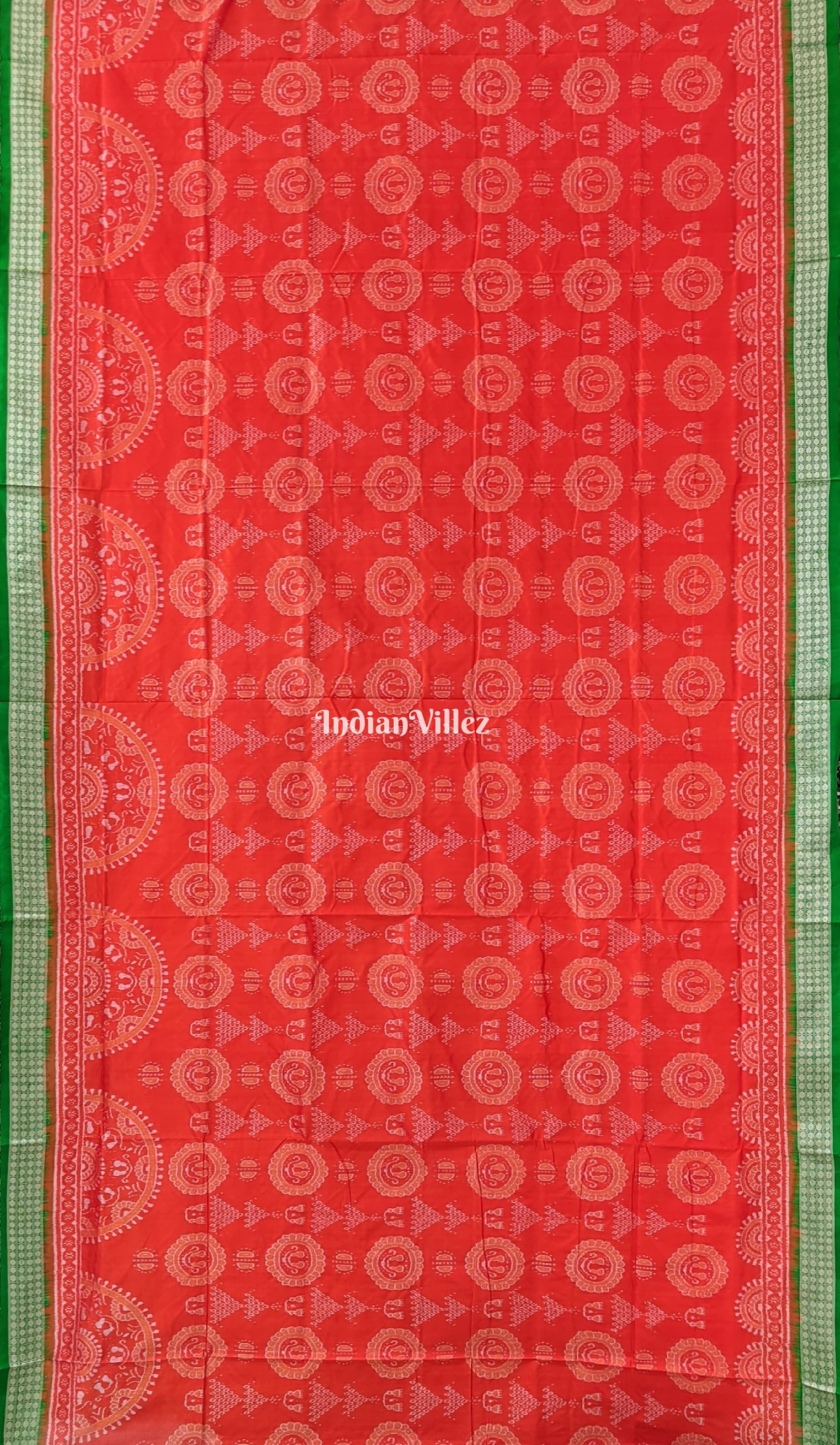 IndianVillèz Orange Green Laxmi Pada Jhoti Design Sambalpuri Ikat Bomkai Silk Saree - view 2
