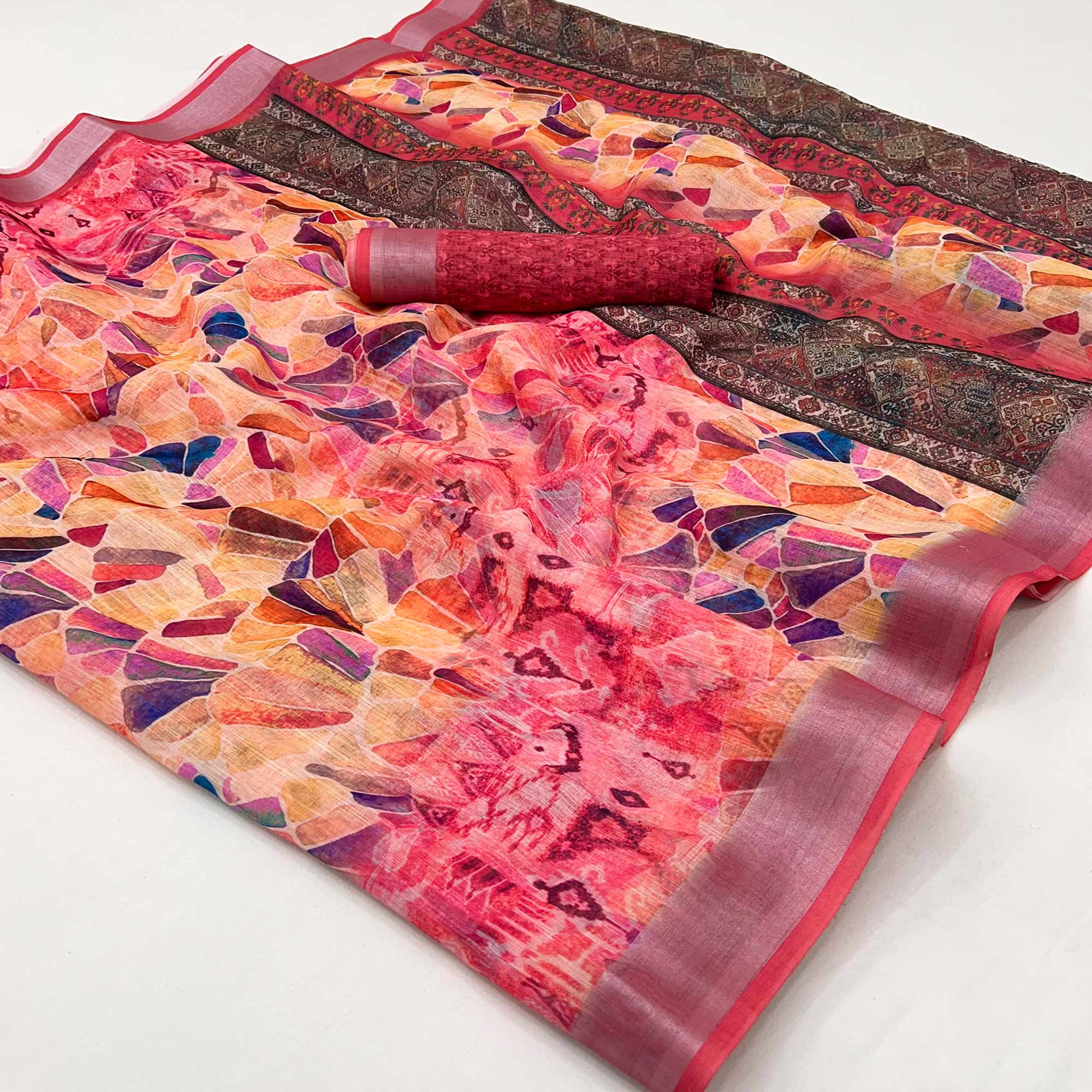 Peachmode Gajari Pink Digital Printed Linen Saree With Woven Border