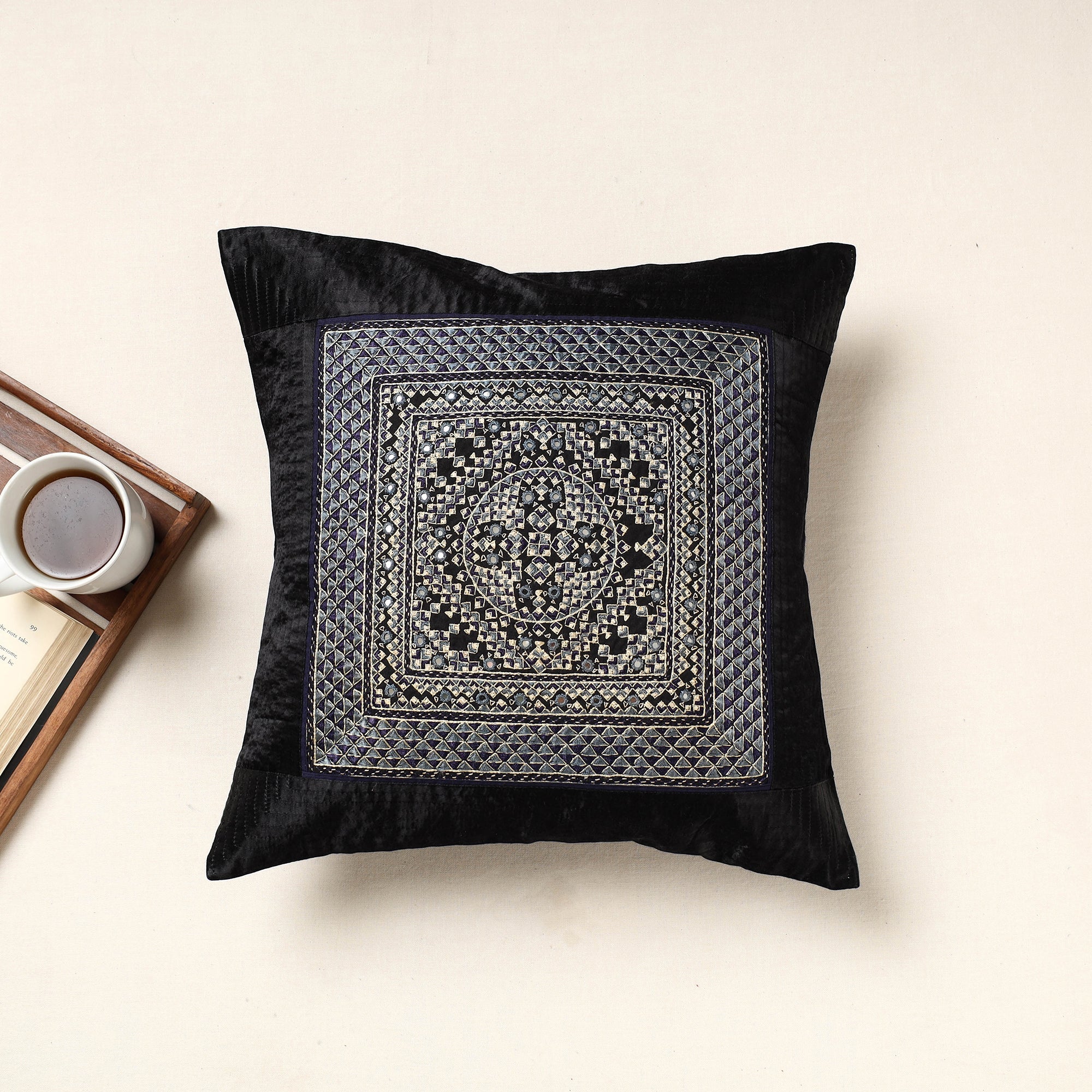 QASAB Black - Kutch Neran Hand Embroidery Mashru Silk Cushion Cover (16 x 16 in)