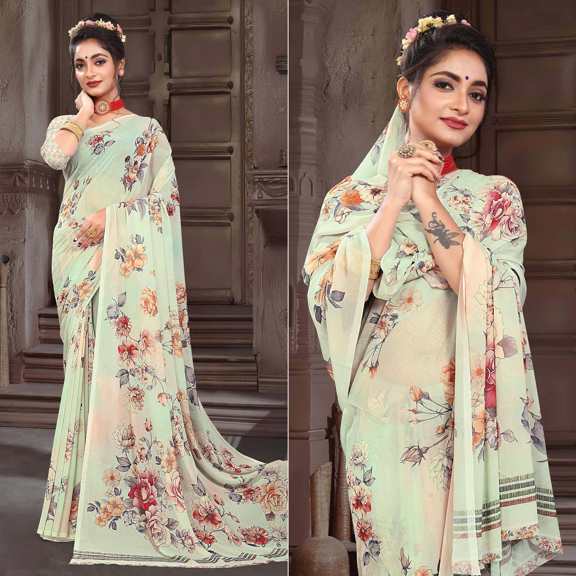 Peachmode Cream Digital Printed Georgette Saree