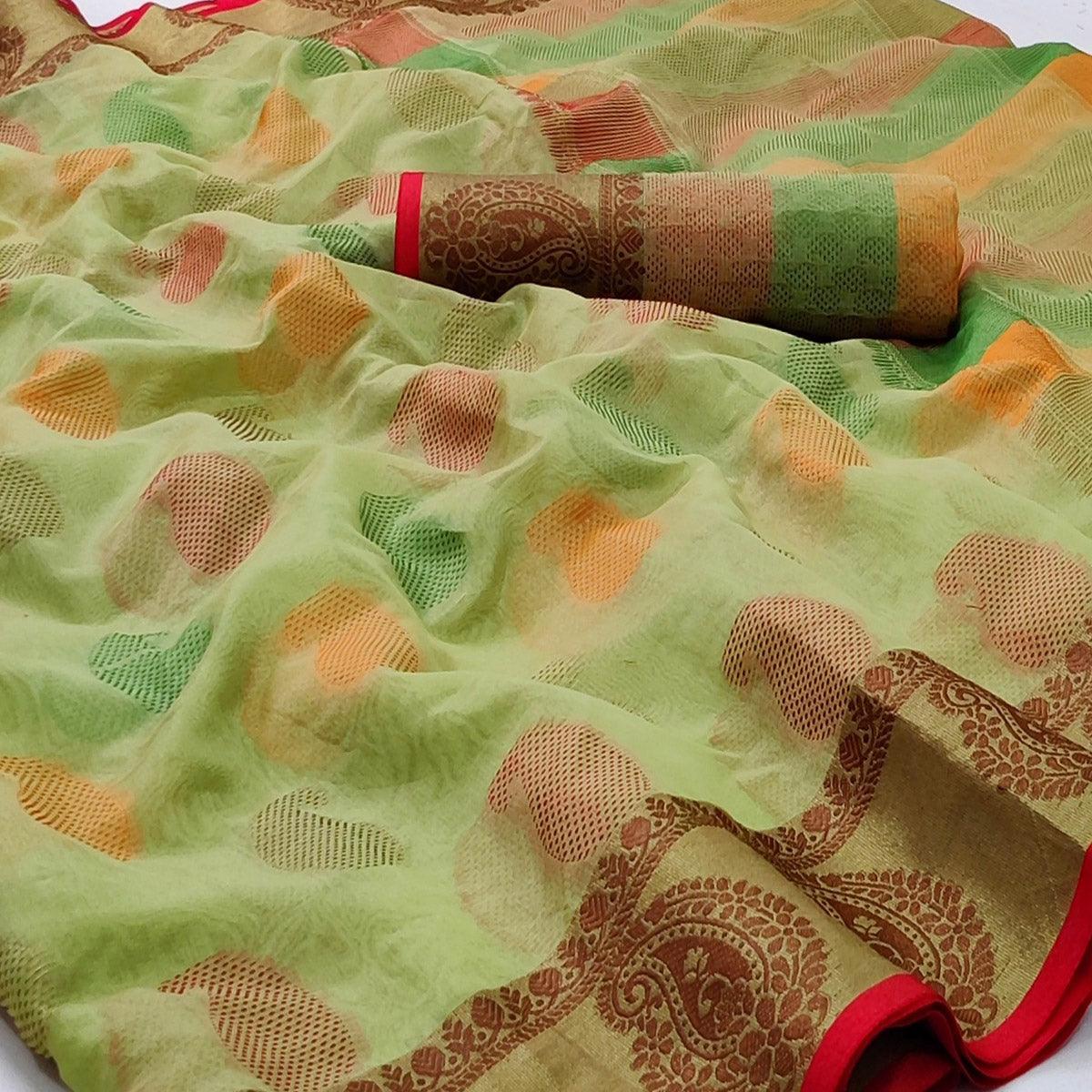 Peachmode Light Pista Green Festive Wear Woven Rich Pallu Organza Saree - view 2