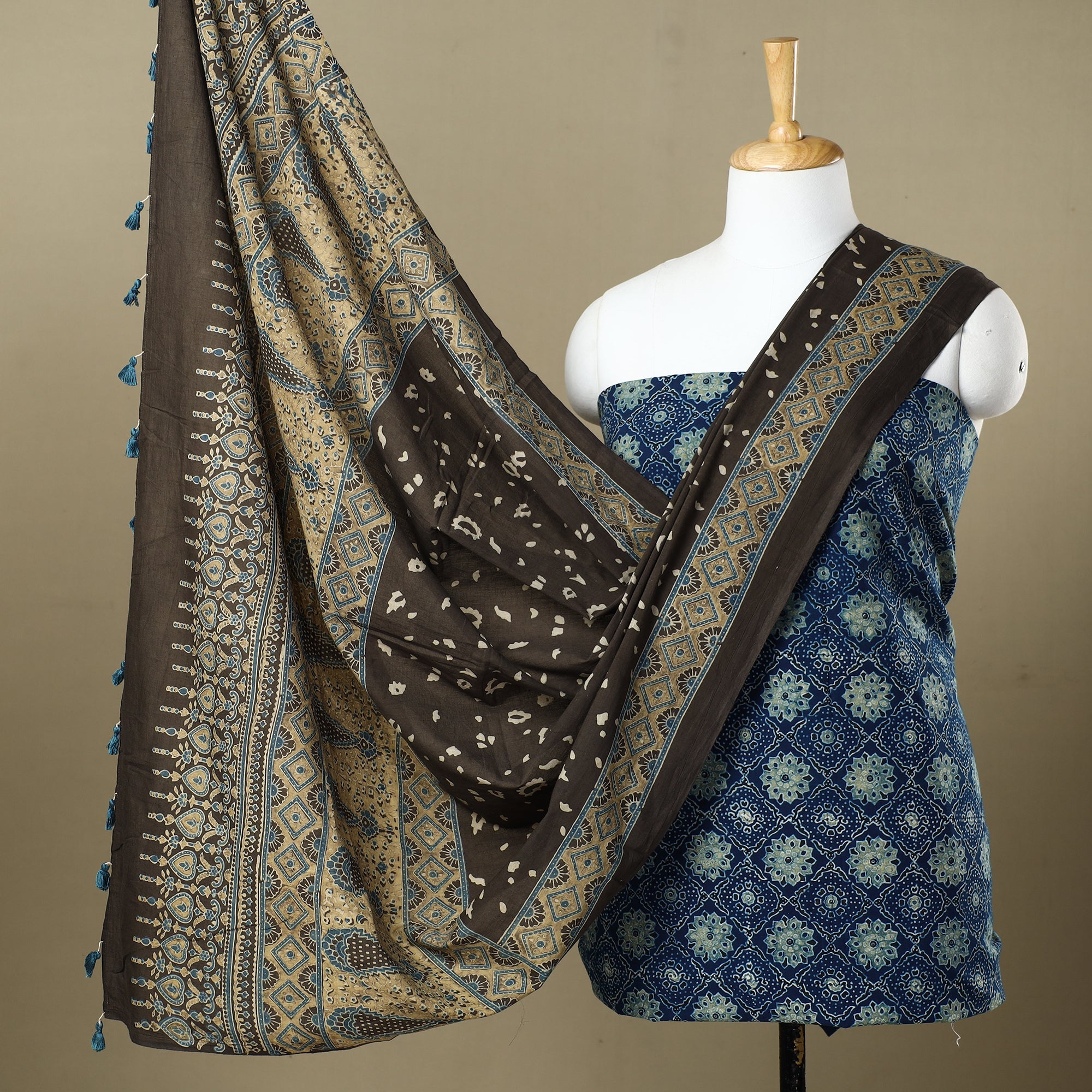 AJRAKH BY SUFIYAN ISMAIL KHATRI Blue - Ajrakh Block Printed Cotton 3pc Suit Material Set